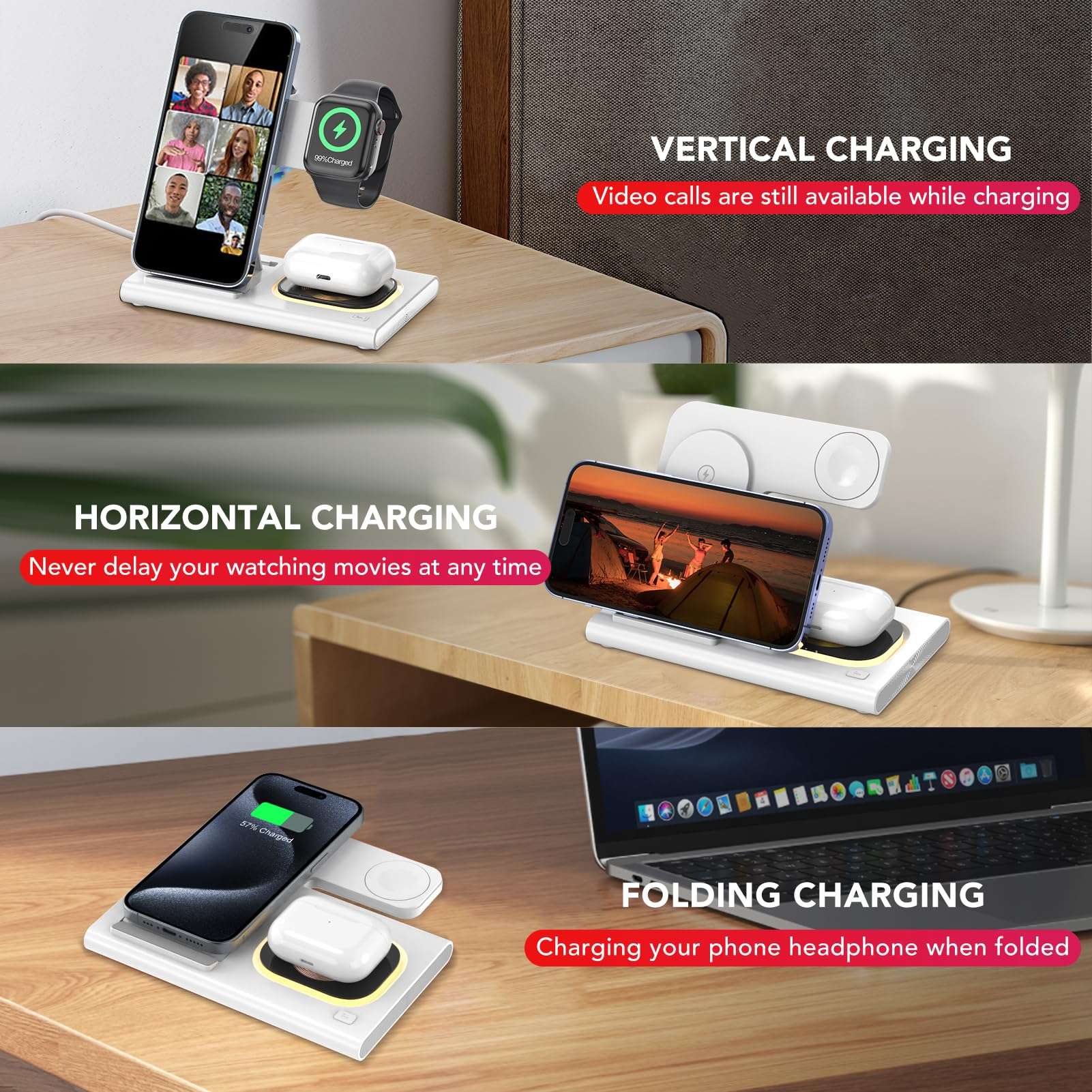 3 in 1 Foldable Charging Station for Apple Products,Wireless Charger for iPhone 17 16 15 14 13 12 Pro Max,Travel Dock Adapter&Light for iWatch Series 11 10 9 Ultra 3/2 SE 3/2,for AirPods 4 3 2 Pro 3/2 - Image 7