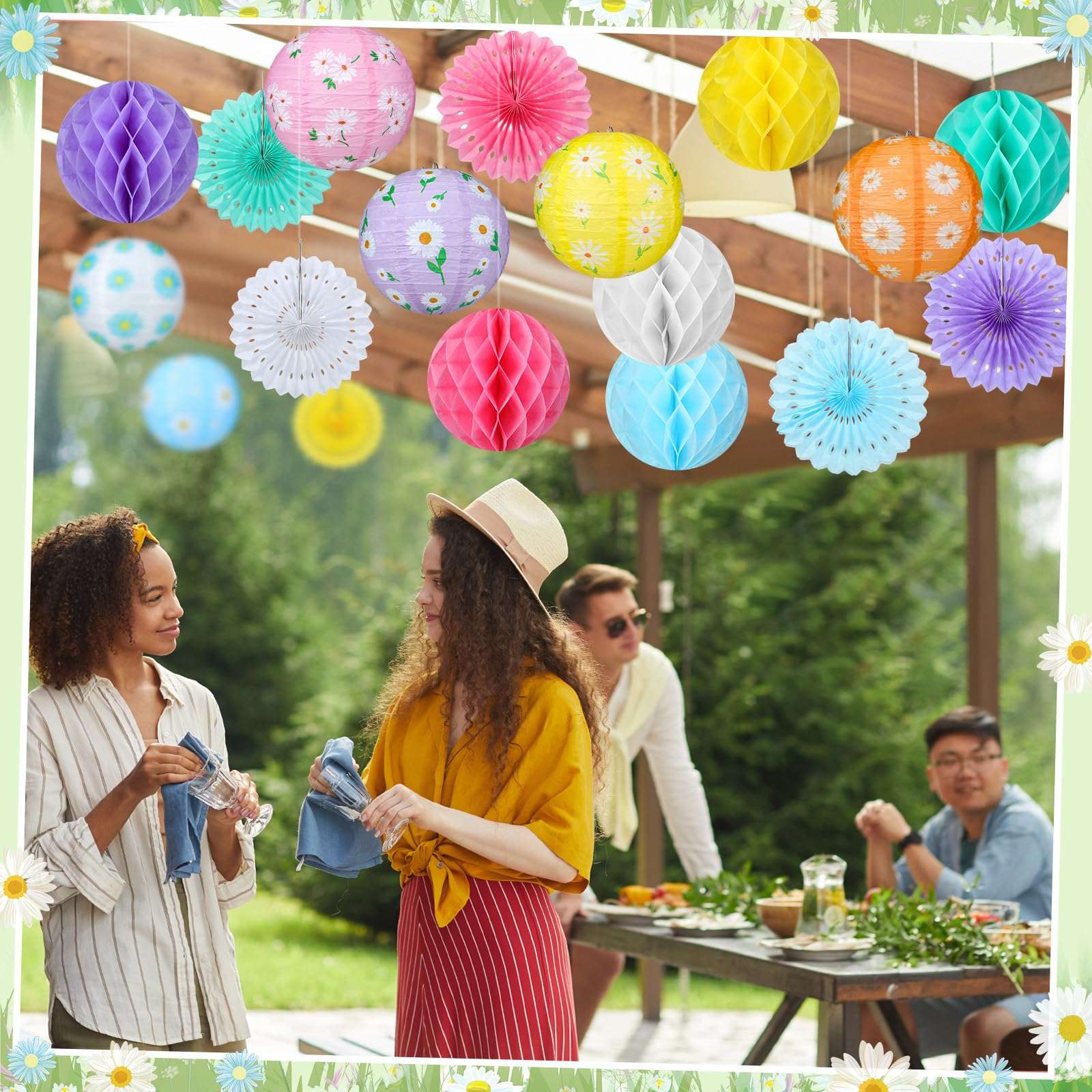 Baquler 18 Pcs Daisy Party Decorations Kit Pastel Floral Paper Lanterns Summer Tea Party Hanging Paper Fans Wild Flower Hanging Honeycomb Ball for Classroom Wedding Bridal Shower Decor Supplies - Image 6