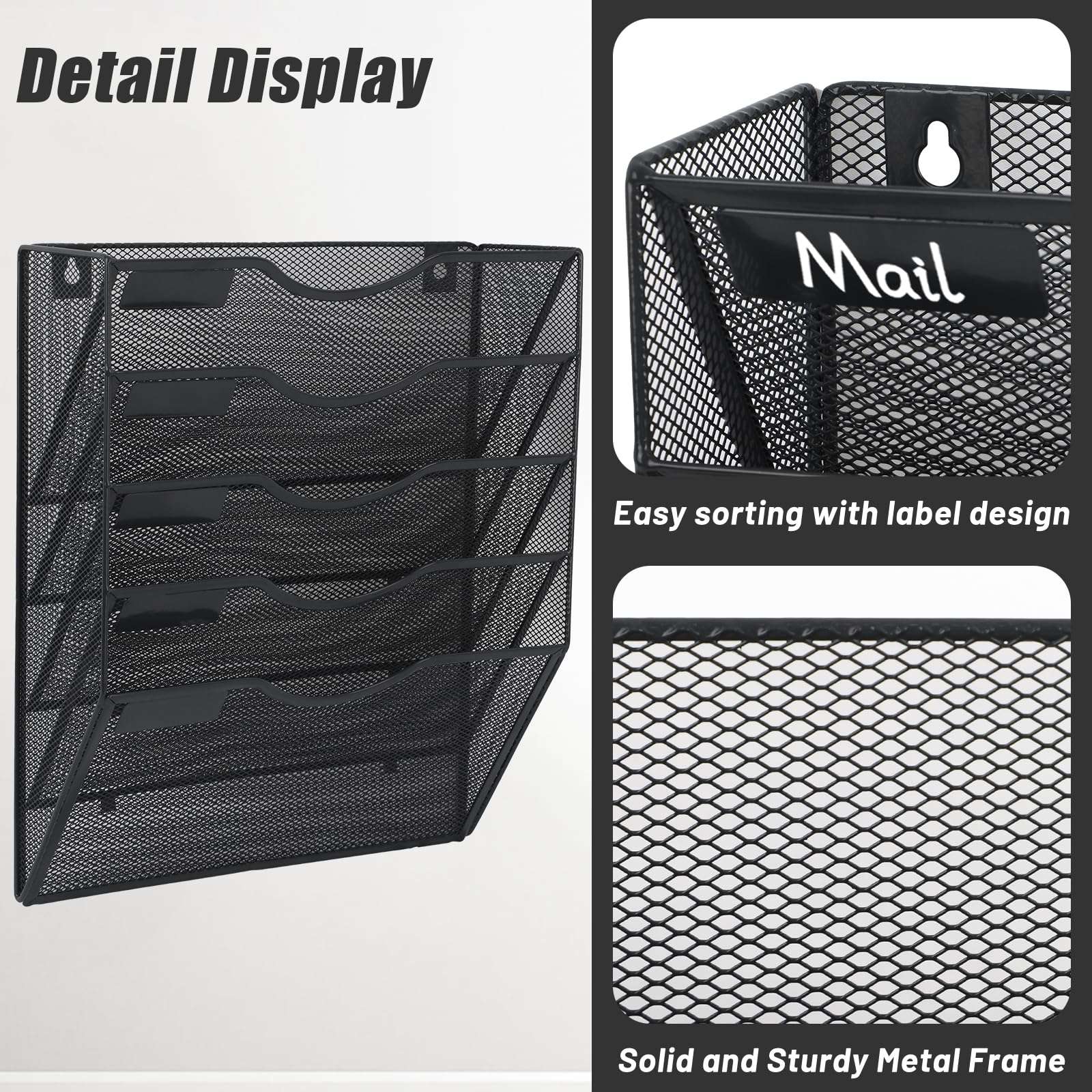 EASEPRES 5 Pocket Mesh Hanging Wall File Organizer, Wall Mounted Mail Paper Document Folder Holder, Clipboard Storage Organization Magazine Rack with Nametag Label for Office Home School, Black - Image 3