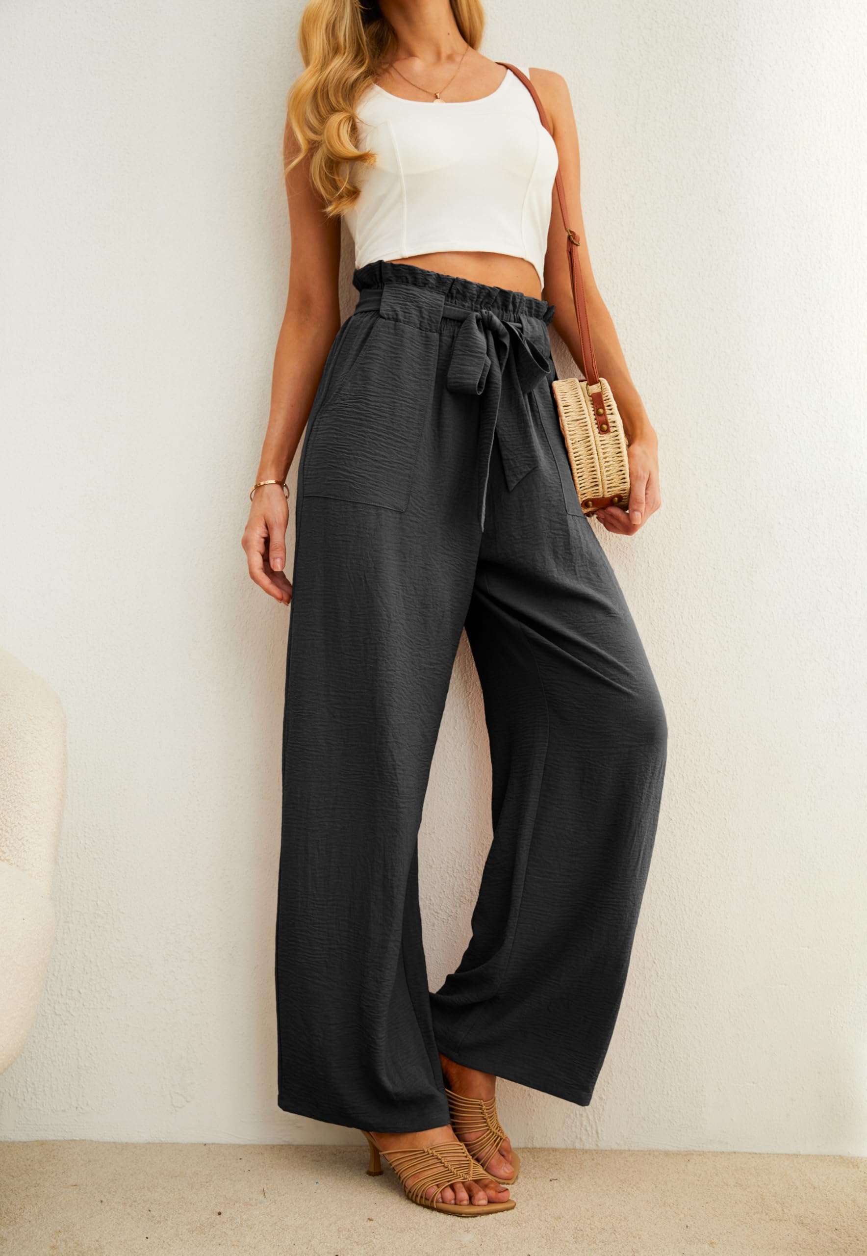 IWOLLENCE Women's Wide Leg Pants with Pockets High Waist Adjustable Knot Loose Casual Trousers Business Work Casual Pants - Image 3
