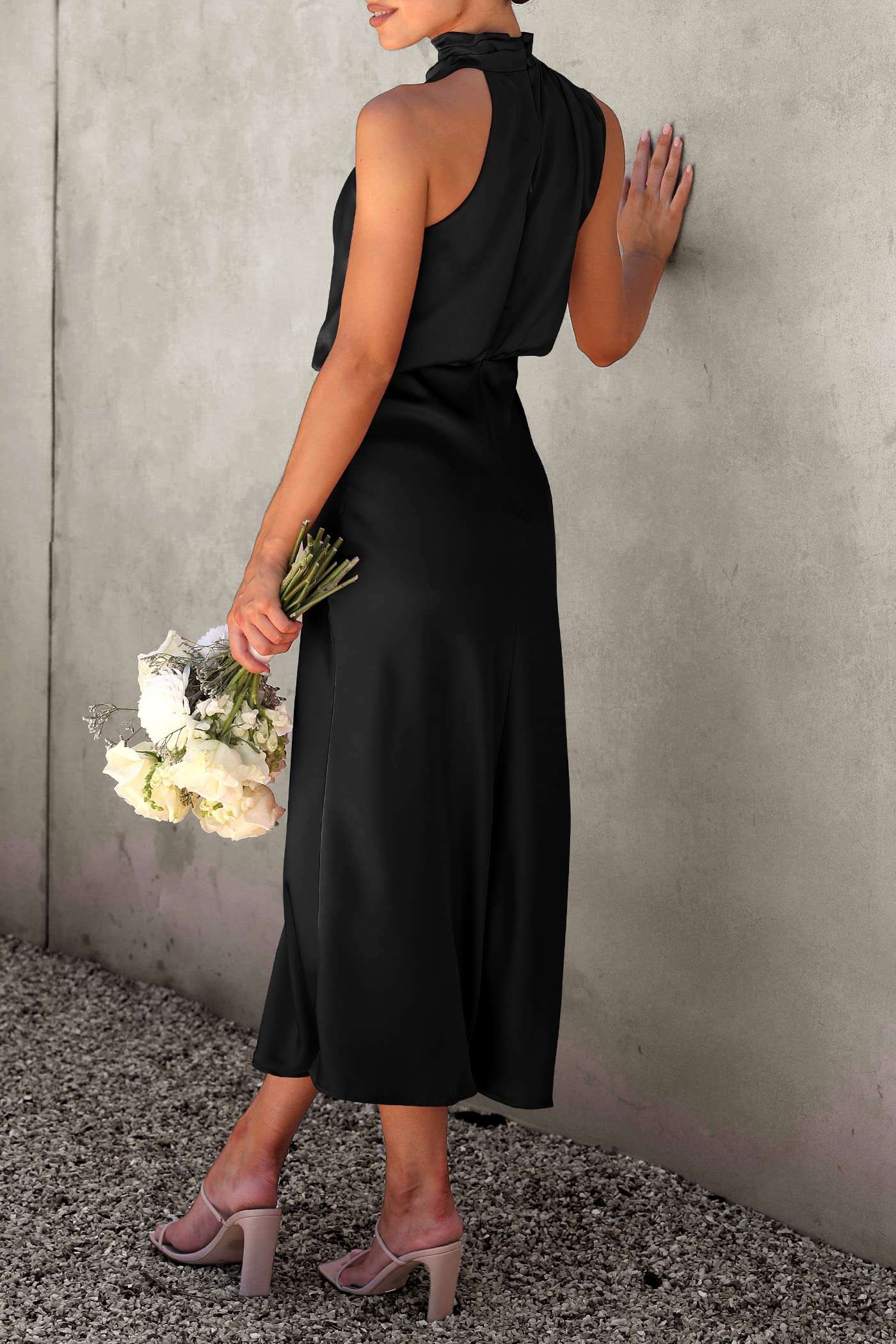 PRETTYGARDEN Women's 2025 Summer Satin Dress Elegant Sleeveless Mock Neck Cocktail Party Maxi Dresses - Image 3