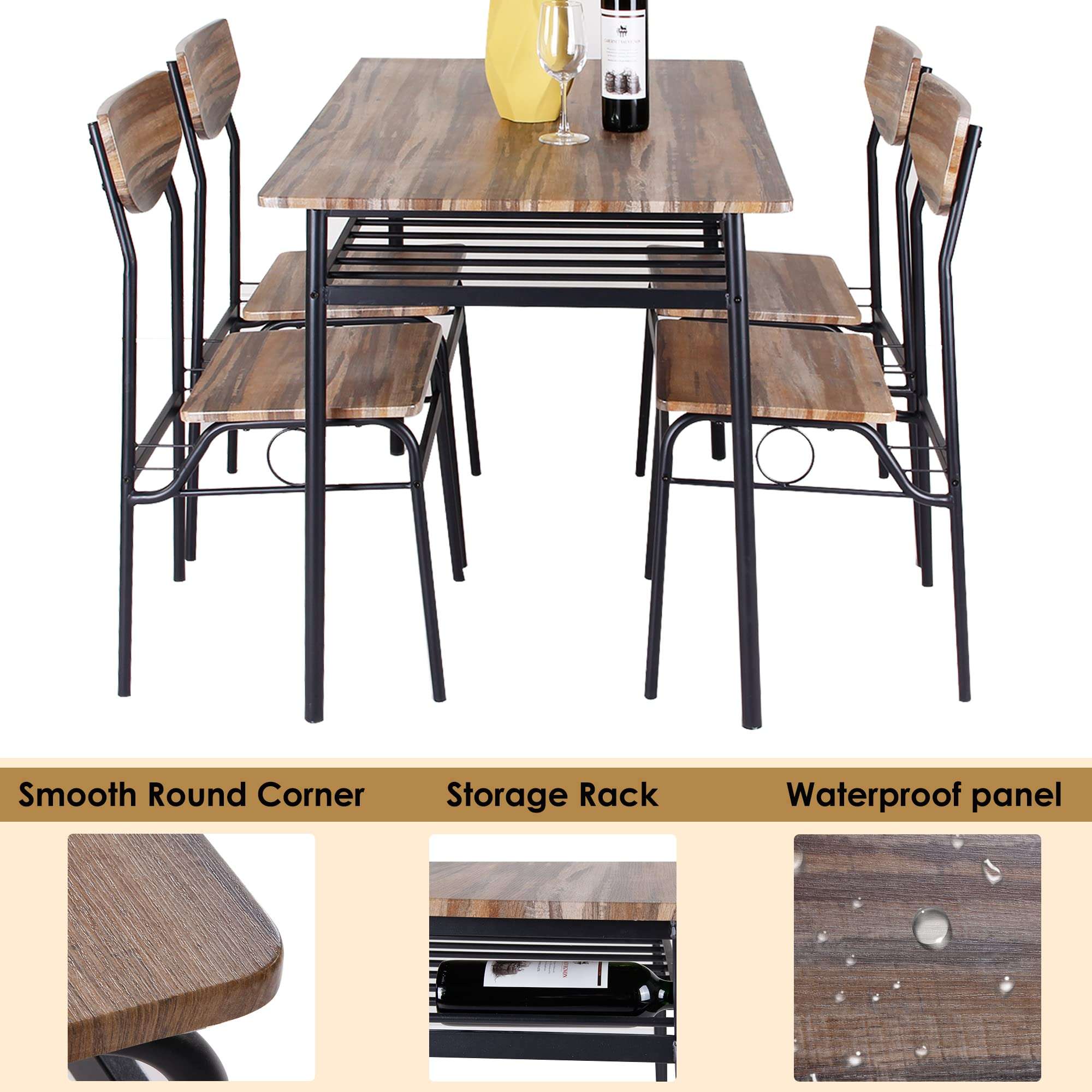 soges 5 Piece Dining Table Set for 4 Person, Kitchen Dinette Sets with 4 Chairs, Kitchen Table and 4 Chair Set with Storage Rack, Modern Dining Room Set with Wooden Top and Metal Legs - Image 5