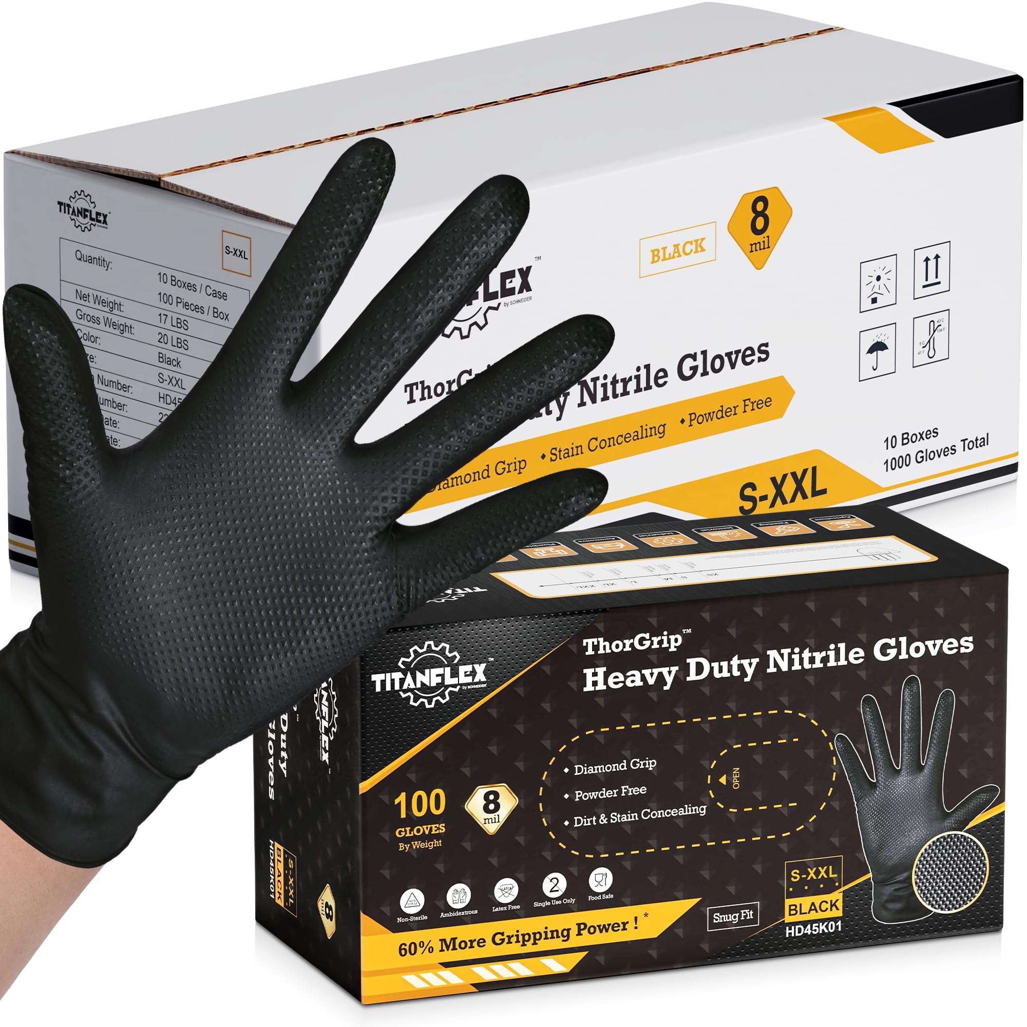 TitanFlex Heavy Duty Black Nitrile Gloves, Raised Diamond Texture, Latex Free, Powder Free Disposable Gloves (8Mil/6Mil) - Image 1