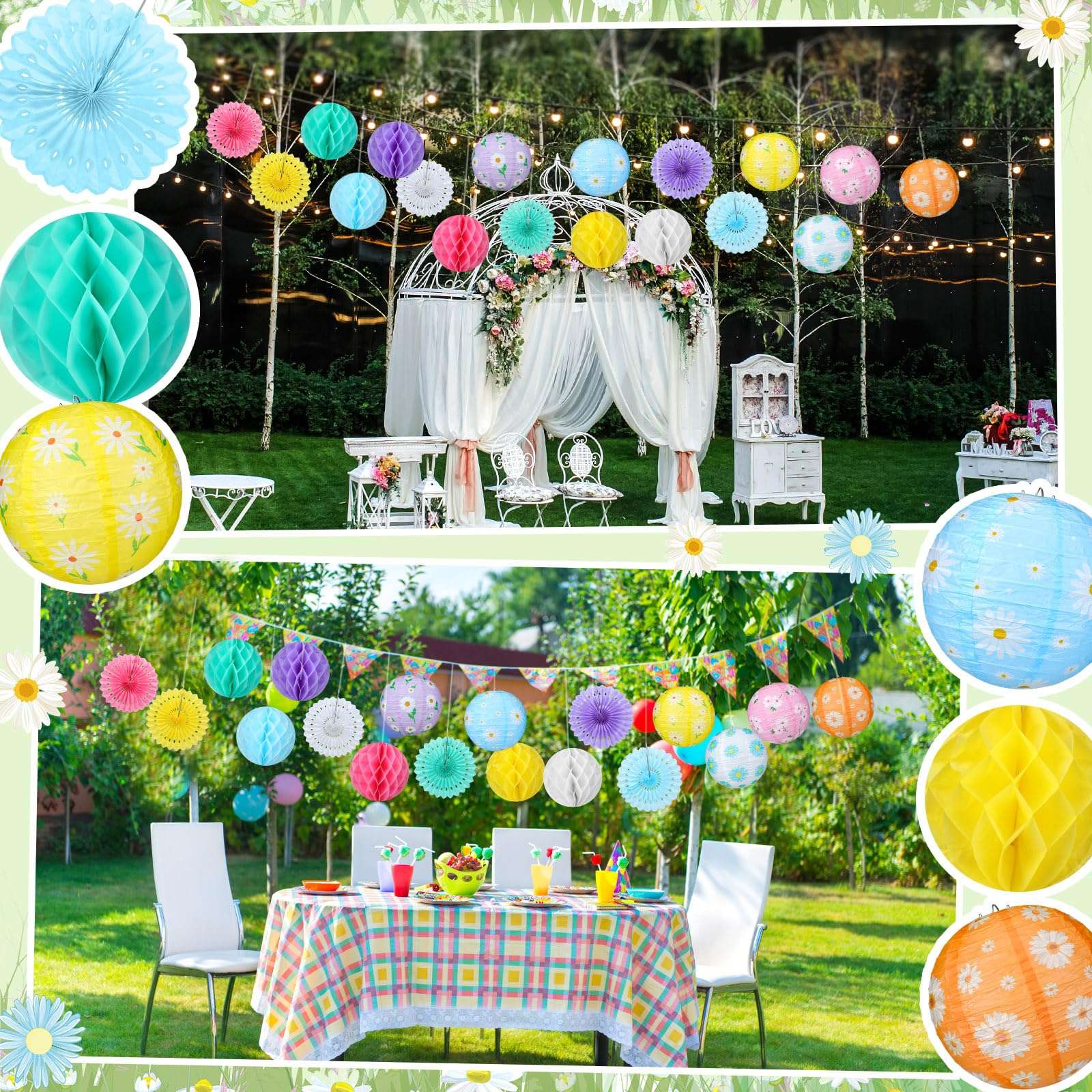Baquler 18 Pcs Daisy Party Decorations Kit Pastel Floral Paper Lanterns Summer Tea Party Hanging Paper Fans Wild Flower Hanging Honeycomb Ball for Classroom Wedding Bridal Shower Decor Supplies - Image 7