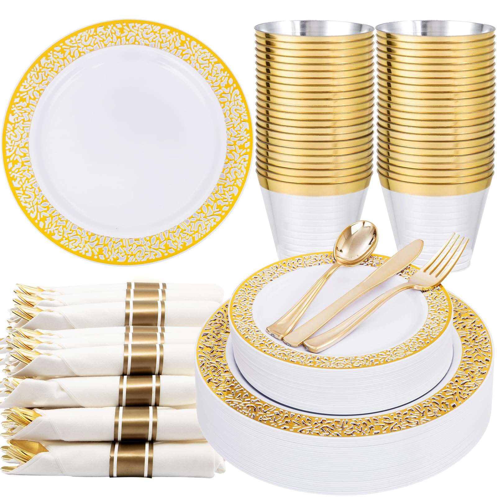 WELLIFE 175Pcs Gold Dinnerware Sets, Include:25 Dinner Plates, 25 Dessert Plates, 25 Paper Napkins, 25 Cups, 25 Plastic Cutlery Set - Image 1