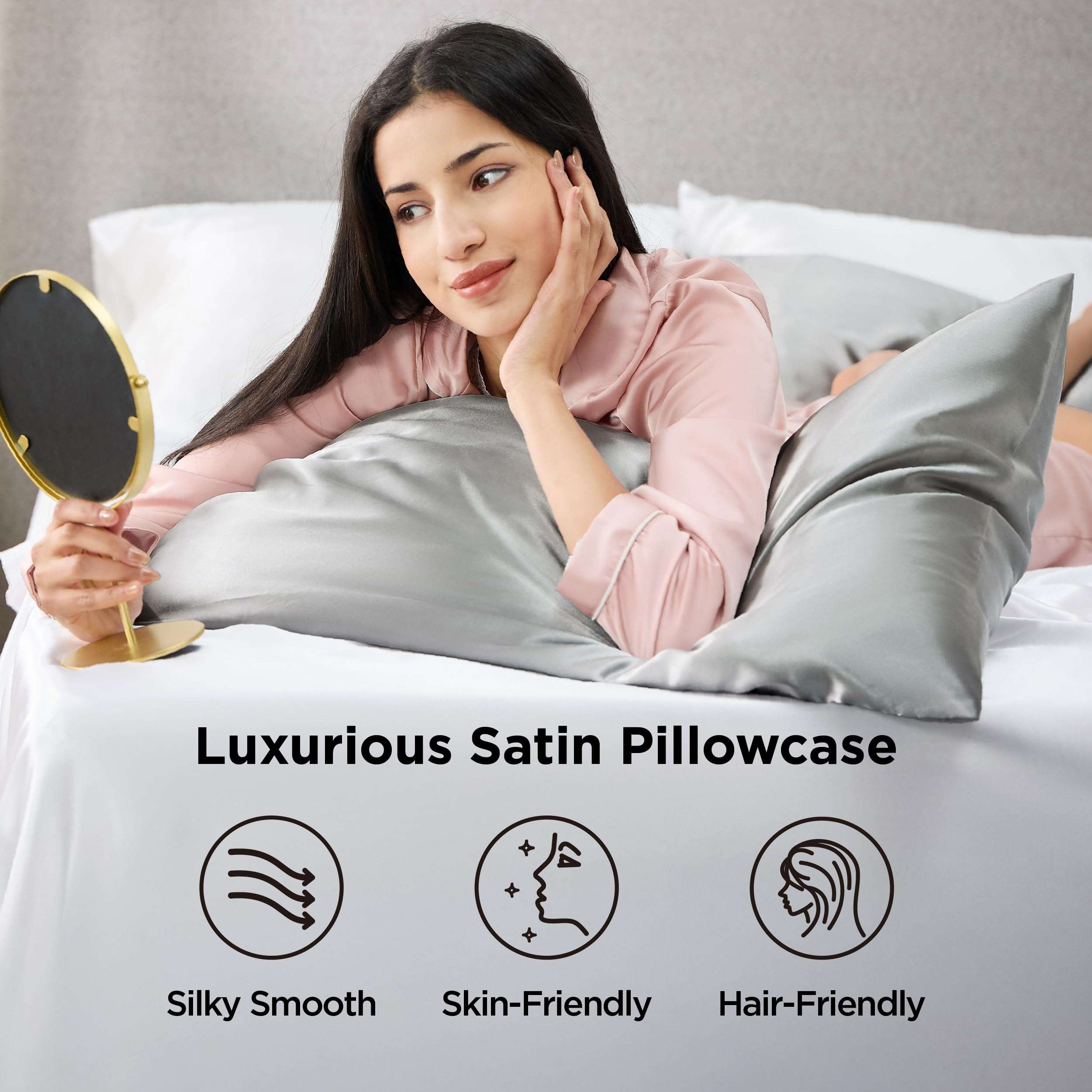 Bedsure Satin Pillowcase, Similar to Silk Pillow Cases Queen Size Set of 2, Cooling Pillow Case with Envelope Closure, Christmas Room Decor Gifts for Women Men, Silver Grey, 20x30 Inches, 2pcs - Image 2