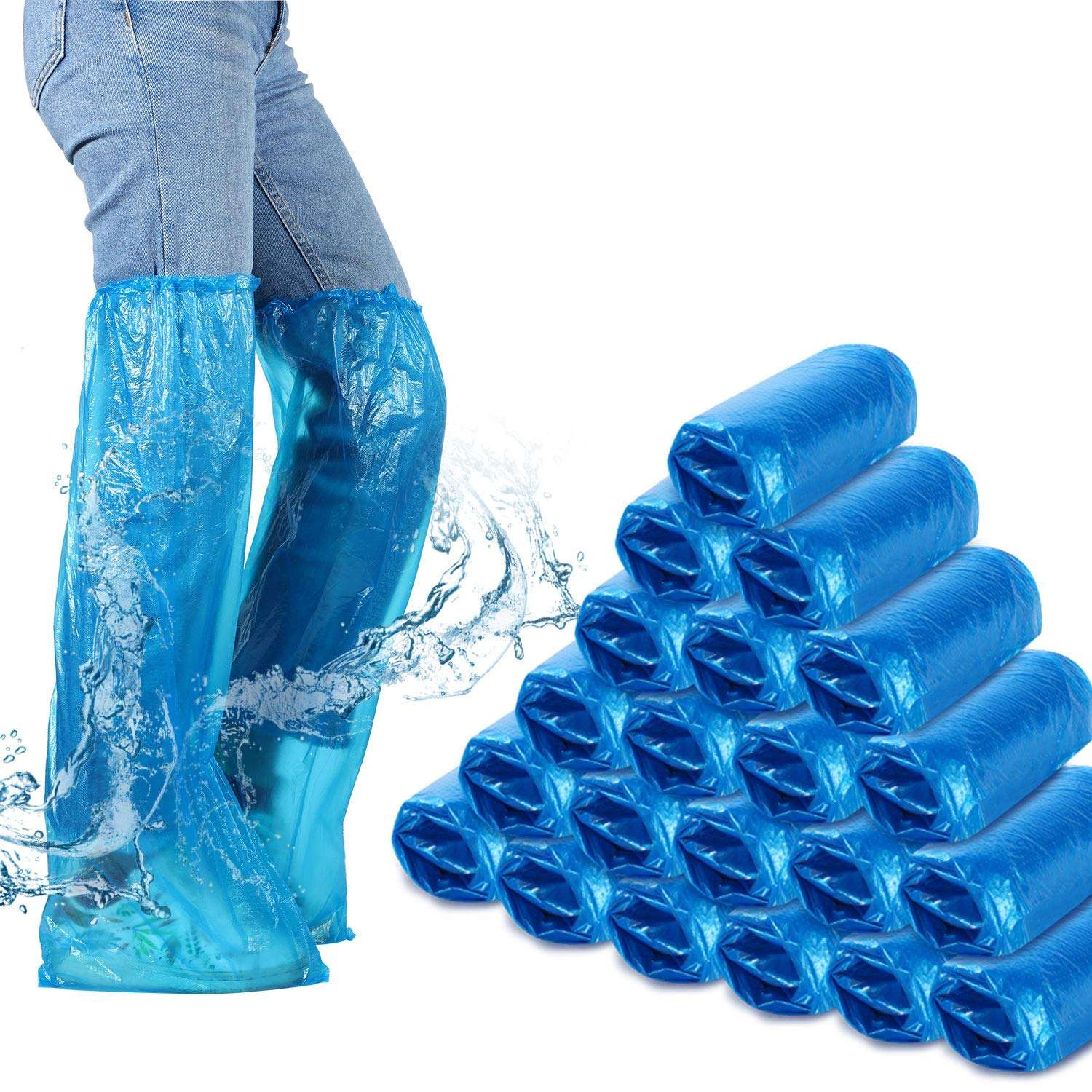 SATINIOR 100 Pieces/ 50 Pairs Disposable Boot Covers Plastic Long Waterproof Shoes Cover over the Knee for Men Women - Image 1