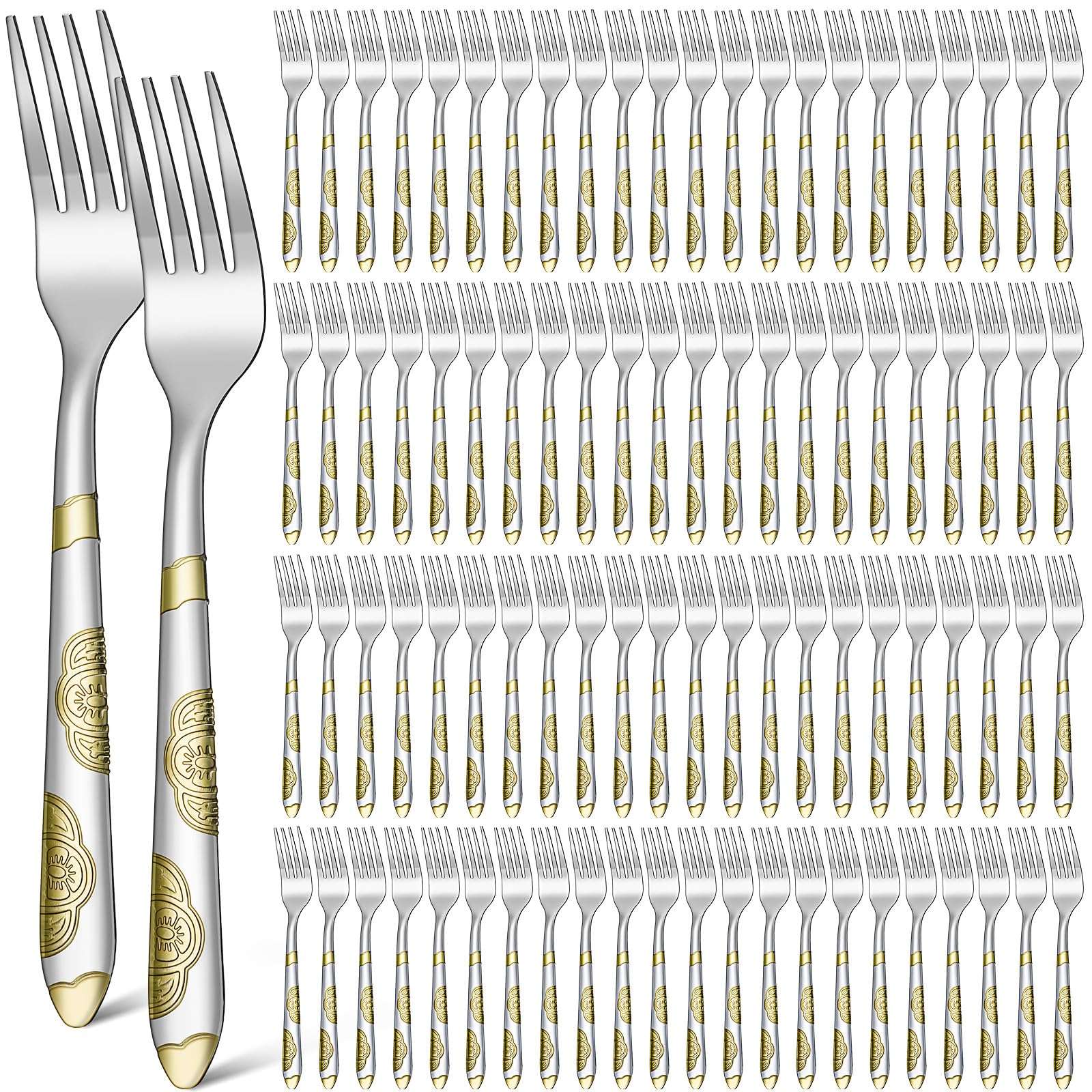 Syhood 100 Pieces Stainless Steel Dinner Forks Set Bulk, 7.1 Inch Metal Forks Gold Texture Flatware for Home Restaurant Catering Events Silverware Kitchen - Image 1
