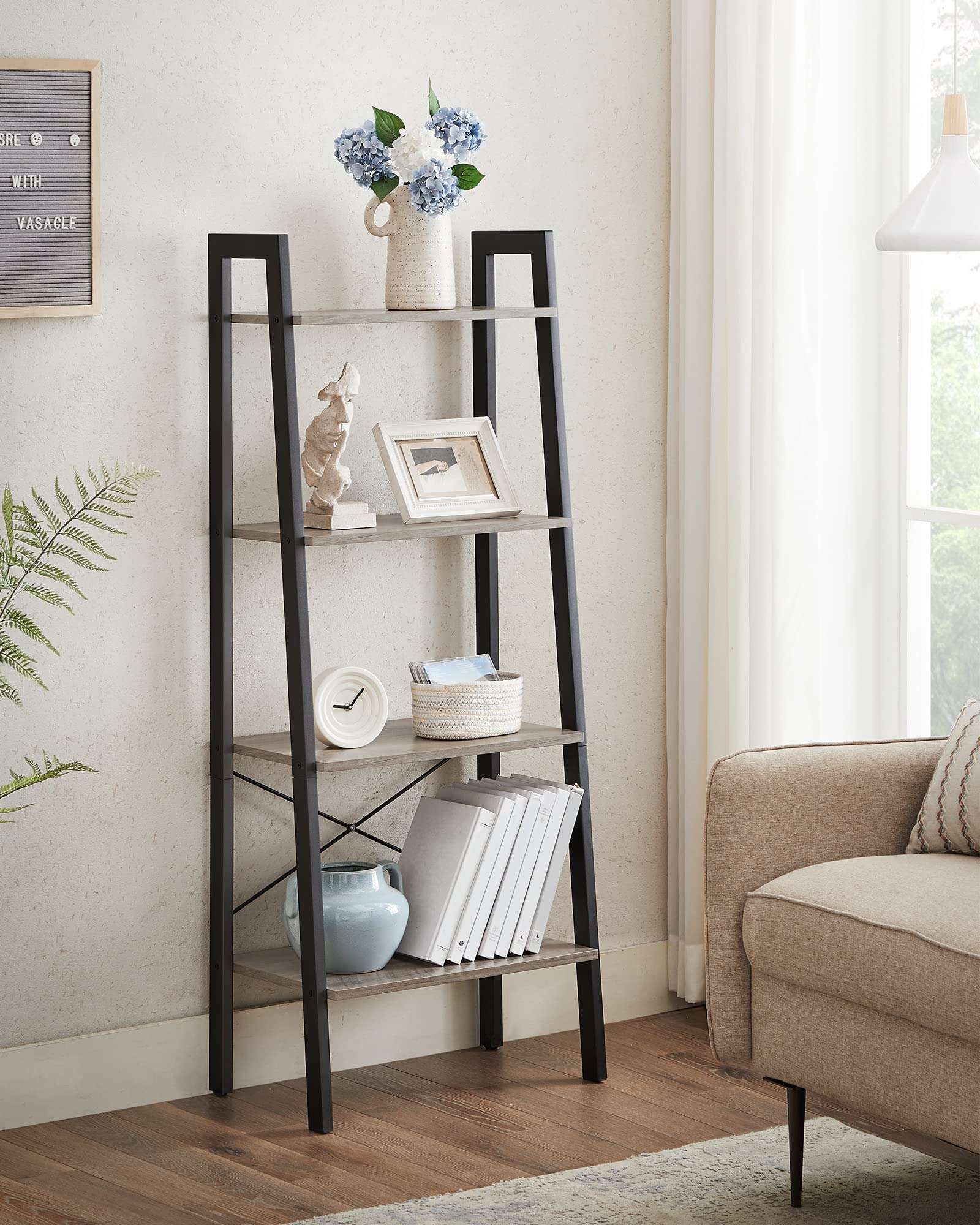 VASAGLE Ladder Shelf, 4-Tier Bookshelf, Storage Rack, Bookcase with Steel Frame, for Living Room, Home Office, Kitchen, Bedroom, Industrial Style, Heather Greige and Ink Black ULLS44MB - Image 4