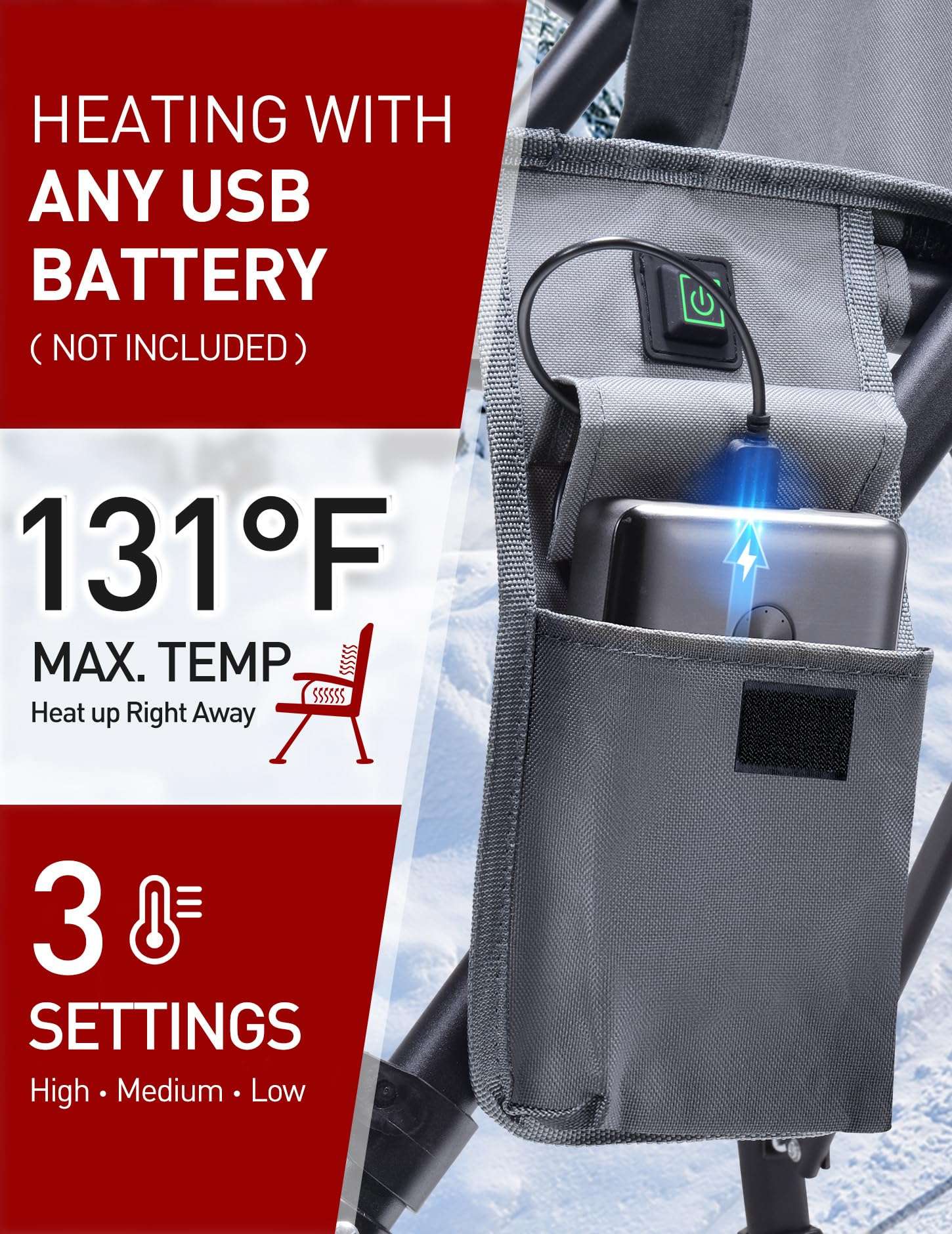 Docusvect Heated Camping Chair for Adults, Heats Back and Seat, 3 Heat Levels, Fully Padded Heated Folding Chair for Outdoor Sports with Cup Holder, Rich Pockets, Battery NOT Included - Image 2
