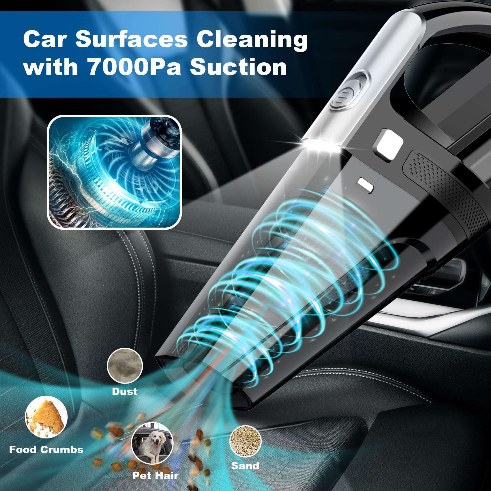 DRECELL Car Vacuum, Portable Vacuum Cleaner with Powerful 7000PA Suction, DC 12V Power 16.4Ft Cord Wired Vacuum Cleaner, LED Light, Car Accessories for Men/Women - Image 2