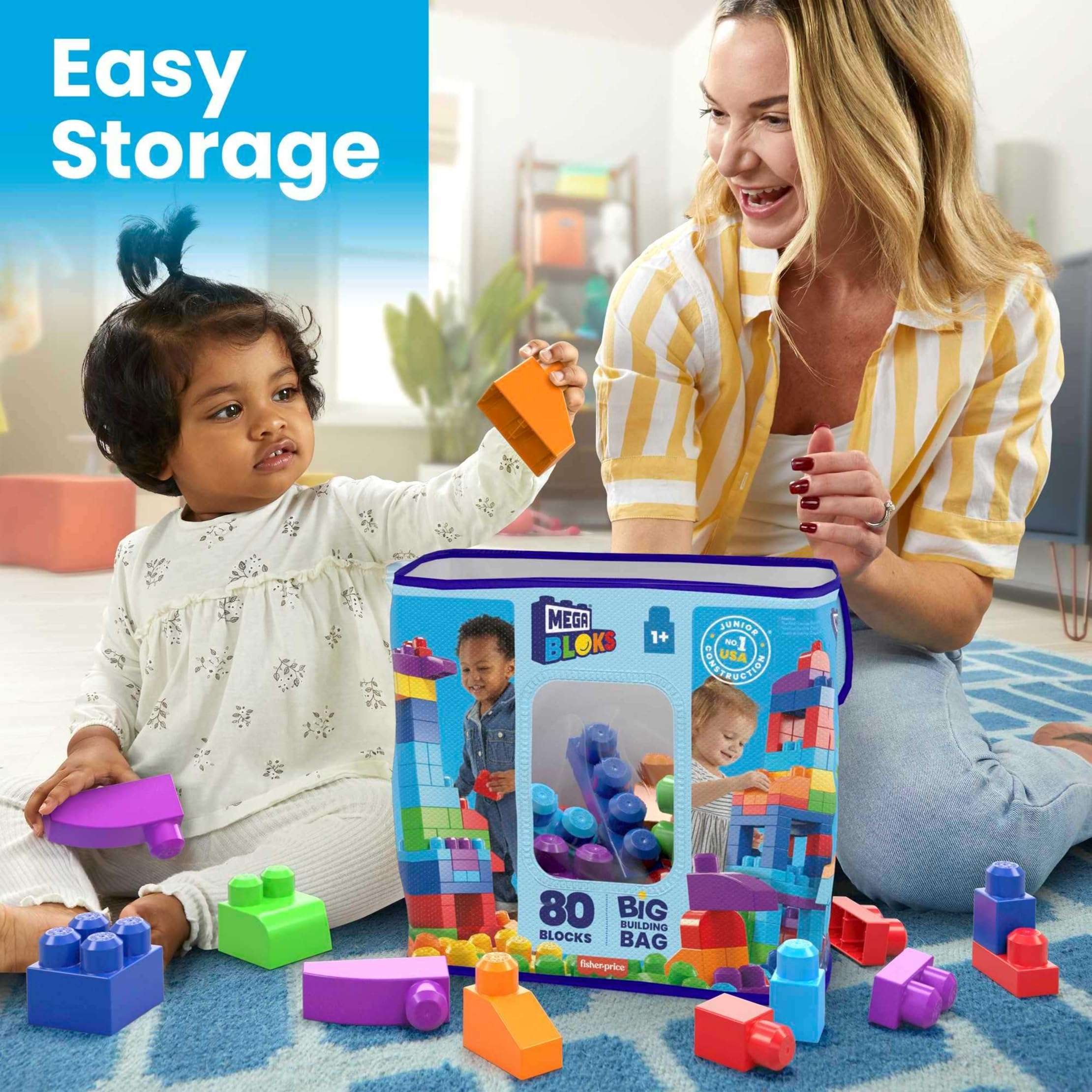 MEGA BLOKS First Builders Toddler Blocks Toys Set, Big Building Bag with 80 Pieces and Storage, Blue, Ages 1+ Years - Image 7