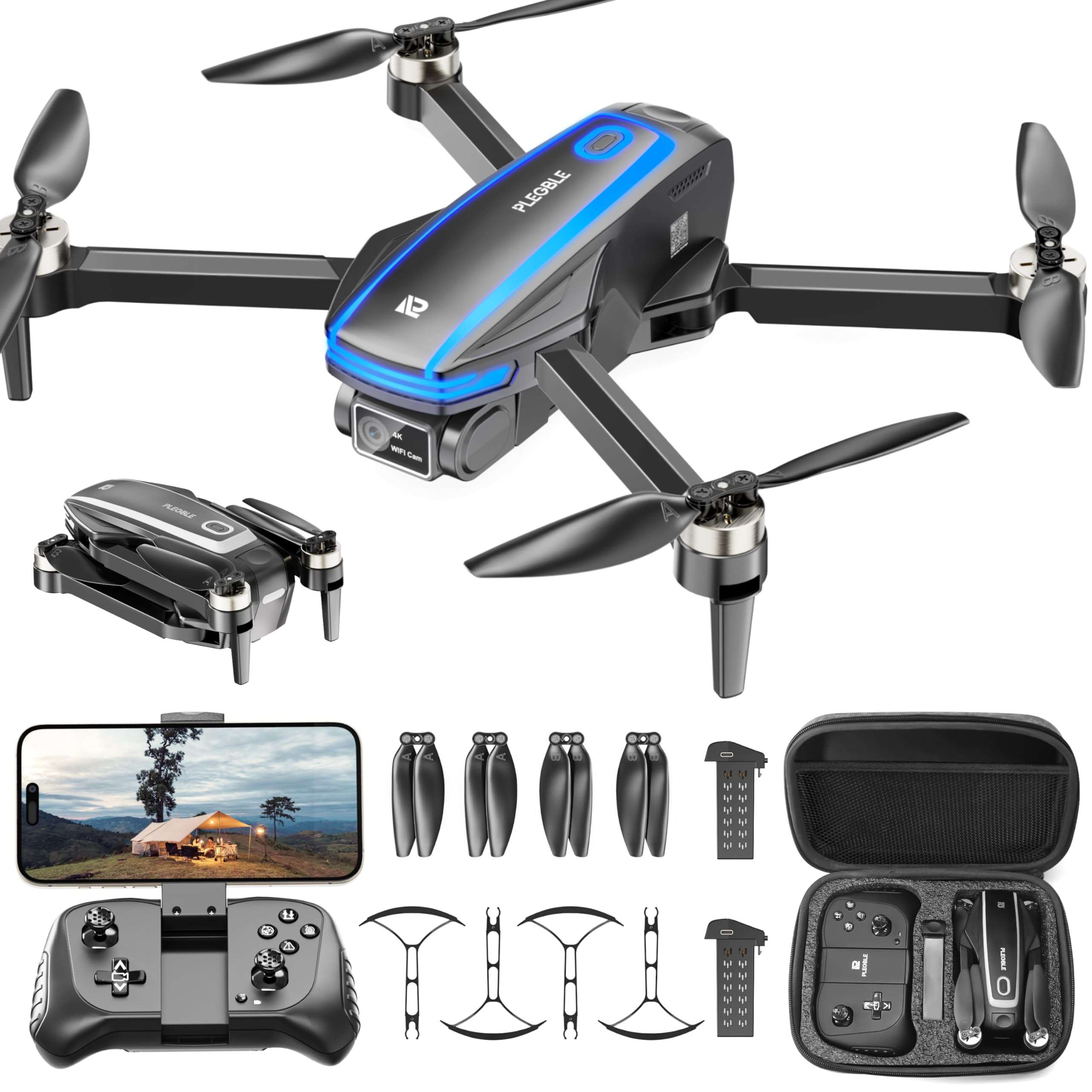 PLEGBLE Drones with Camera for Adults 4K Brushless Motor Drone for Kids Beginners, FPV Foldable RC Quadcopter with Propeller Guards, 2 Batteries, 1500mAh, 130° Lens, WiFi, Voice Control, Gesture Photography, Gift Toys for Men Boys - Image 1