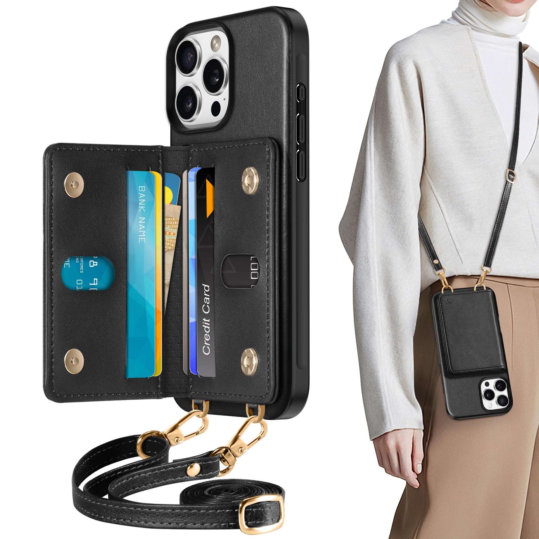 TUCCH Crossbody Wallet Case for iPhone 16 Pro Max (6.9"), RFID Blocking [6 Card Slots][Detachable Adjustable Lanyard], Magnetic Wallet PU Leather Shockproof Phone Cover for iPhone 16 Pro Max, Black - Image 1