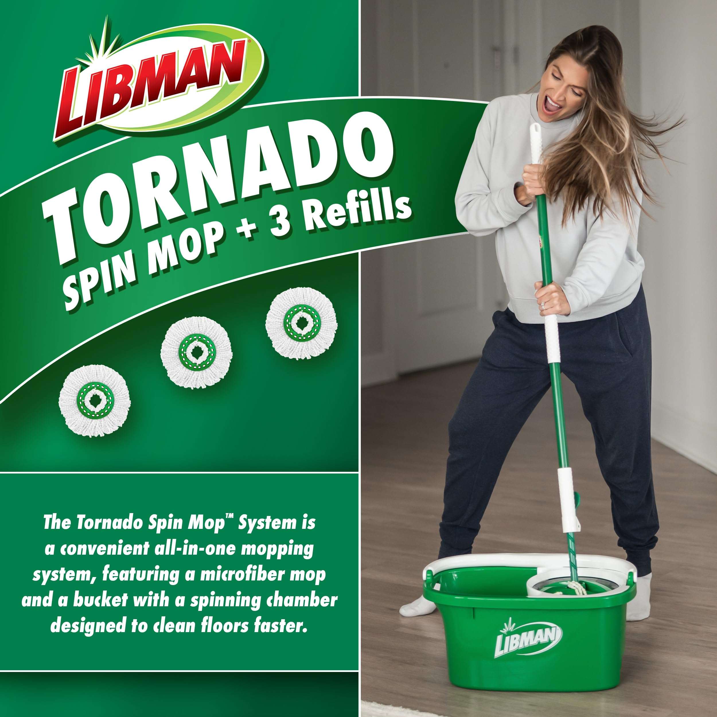Libman Tornado Spin Mop System with 3 Refill Heads, Microfiber Spinning Mop and Bucket with Wringer Set for Home, Floor Cleaning of Hard-Wood, Laminate, Tile, All Surface Cleaner, 4 Total Mop Heads - Image 6