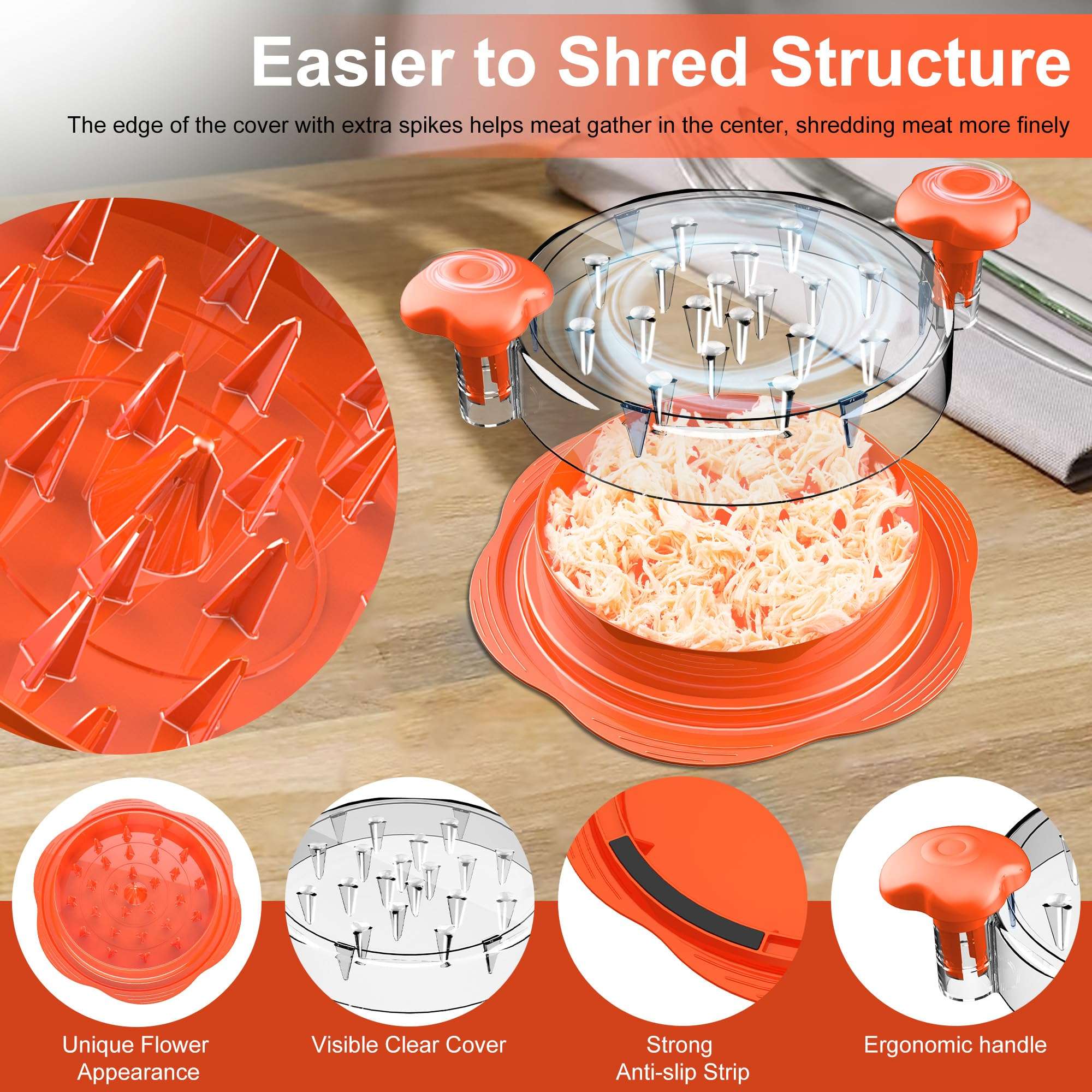 SURETIVIAN Chicken Shredder Large Chicken Breast Shredder Tool Twist with Brush&Fork, Visible Meat Shredder Machine, Anti-Slip Strip, Ergonomic Handle, BPA Free, Suitable for Pork Beef Chicken(Orange) - Image 3