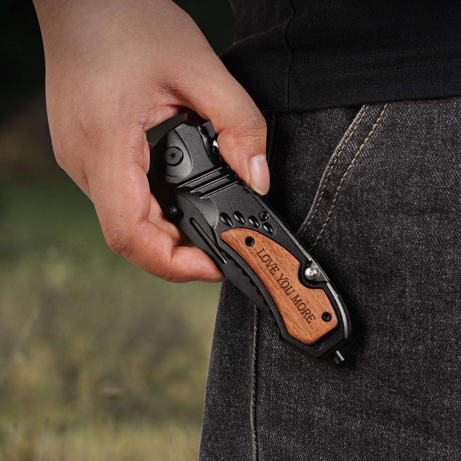 Gifts for Him Men Husband, Christmas Stocking Stuffers, Anniversary Birthday Gifts ideas for Him, Engraved Pocket Knife, Wooden Handle Folding Knife with Wood Box, Unique Outdoor Camping Hiking Tool - Image 5