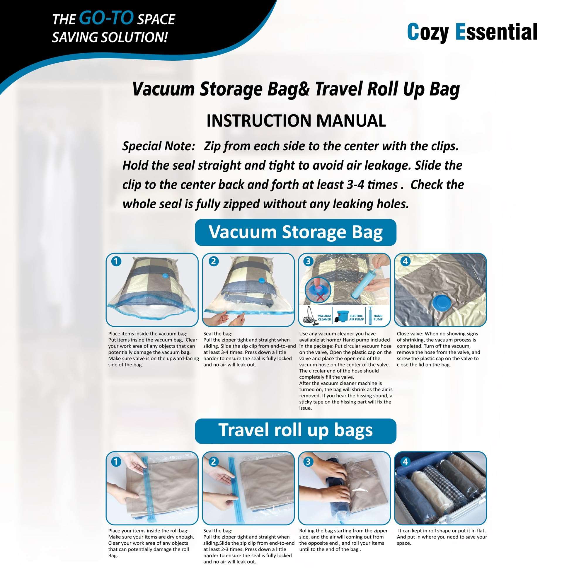 20 Pack Vacuum Storage Bags, Space Saver Bags (4 Jumbo/4 Large/4 Medium/4 Small/4 Roll) Compression for Comforters and Blankets, Sealer Clothes Storage, Hand Pump Included - Image 6