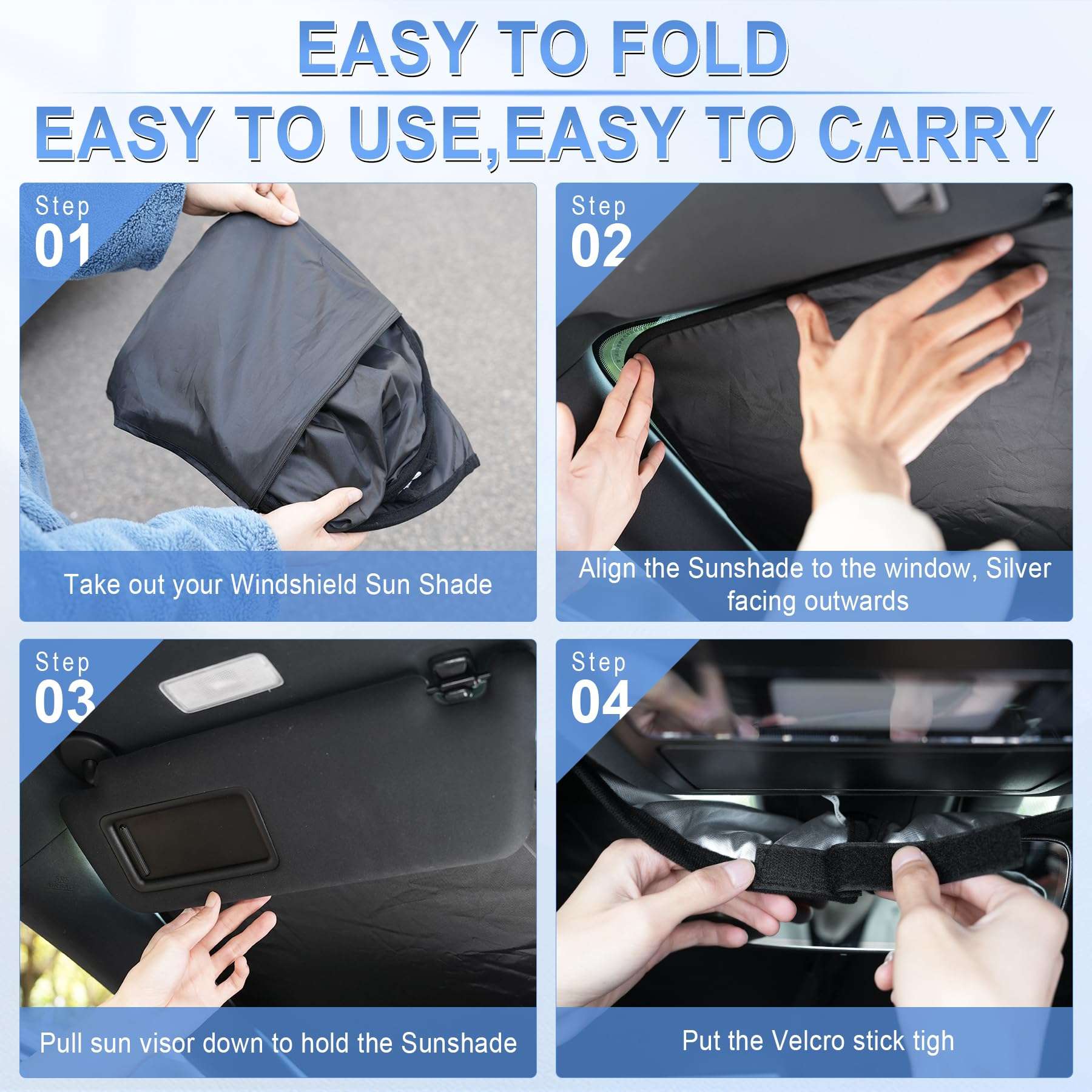 SINGARO 300T Universal Car Windshield Sun Shade, Foldable Reflective for Windshield & Window Shades with Overlapping Design, Car Interior Accessories (55" L x 26.7" W) - Image 4