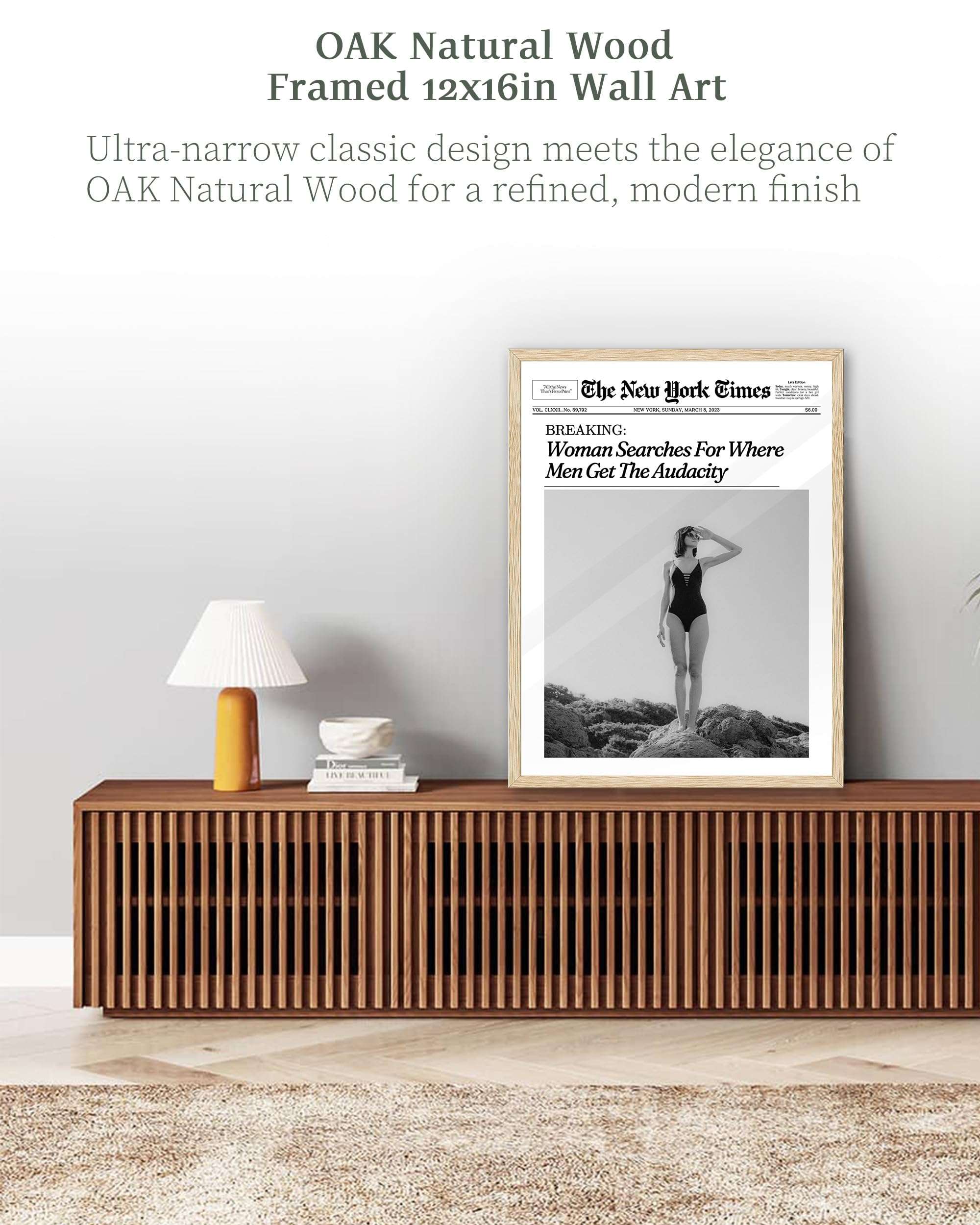 iHery Natural OAK Wood Framed Trendy NewsPaper Wall Art,12x16in Canvas Wall Art,Retro Vintage Magazine Headline News,Woman Searches For Where Men Get The Audacity,Dorm Bedroom Home Décor 1Pack - Image 5