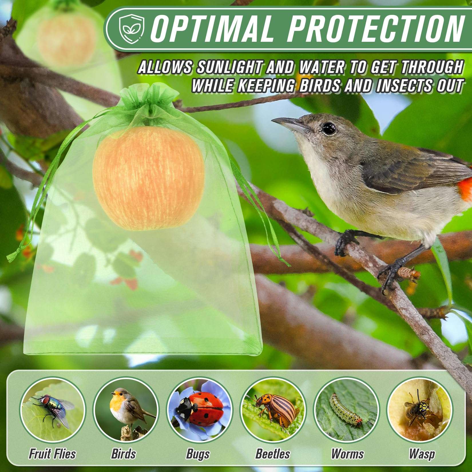 ANZNKU 100pcs 6x9 Inch Fruit Protection Bags, Fruit Bags for Fruit Trees, Green Mesh Cover Bag Garden Netting Pest Barrier for Tomato Mango Vegetables - Image 5