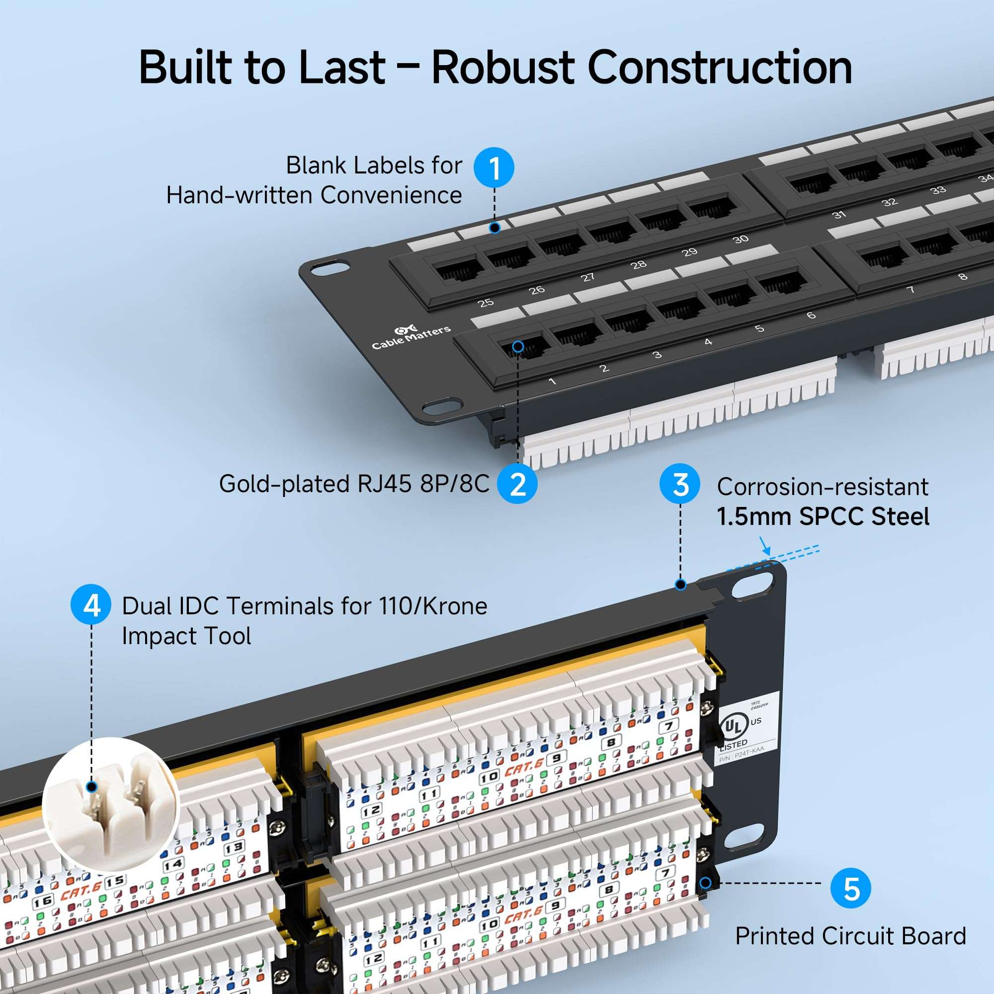 Cable Matters [UL Listed] 48 Port Patch Panel Rackmount or Wall Mount 19-Inch, 2U Cat6 Network Patch Panel for 10 Gigabit Ethernet, 110 or Krone Impact Tools Compatible - Image 6