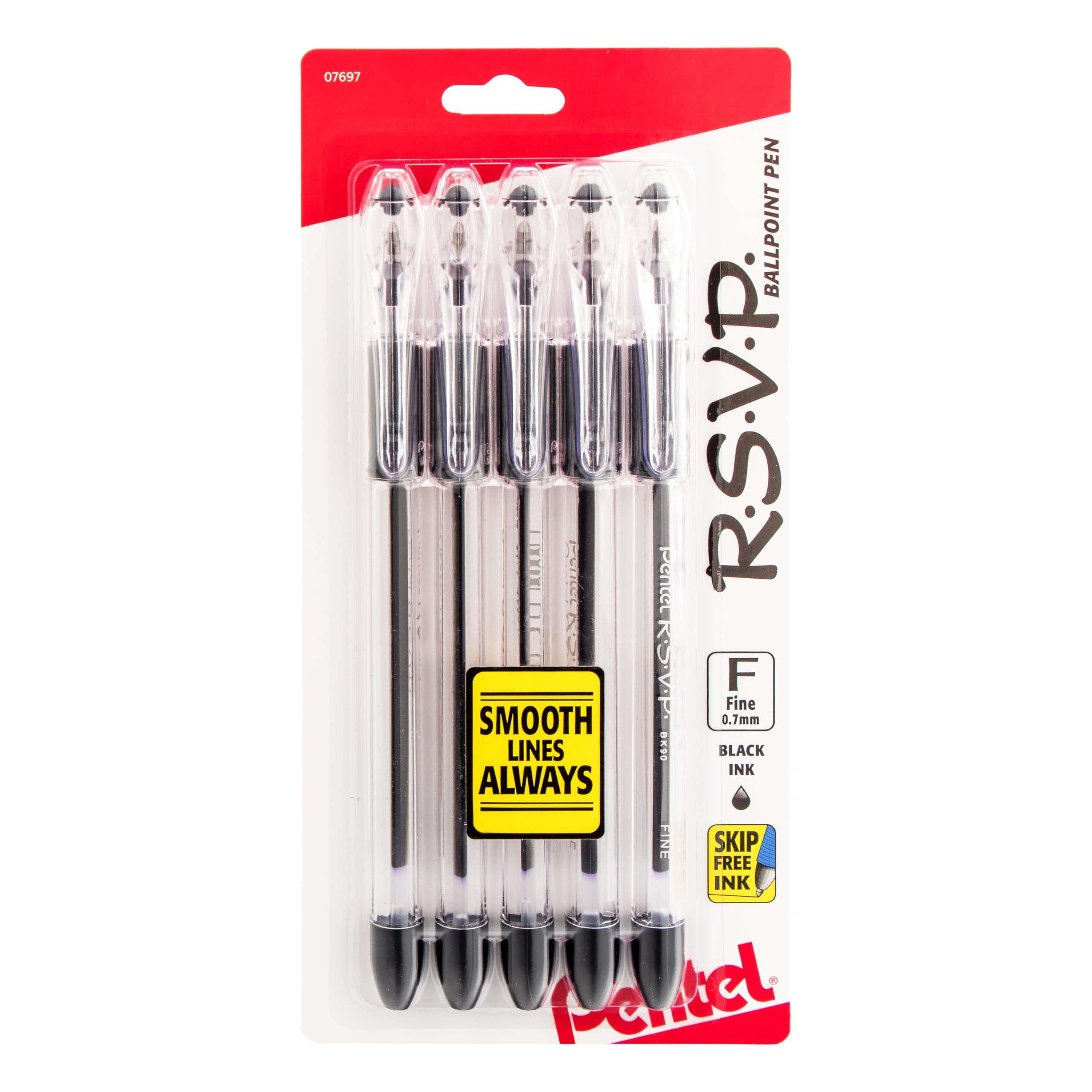 Pentel® R.S.V.P.® Ballpoint Pens, Fine Point, 0.7 mm, Clear Barrel, Black Ink, Pack Of 5 - Image 1