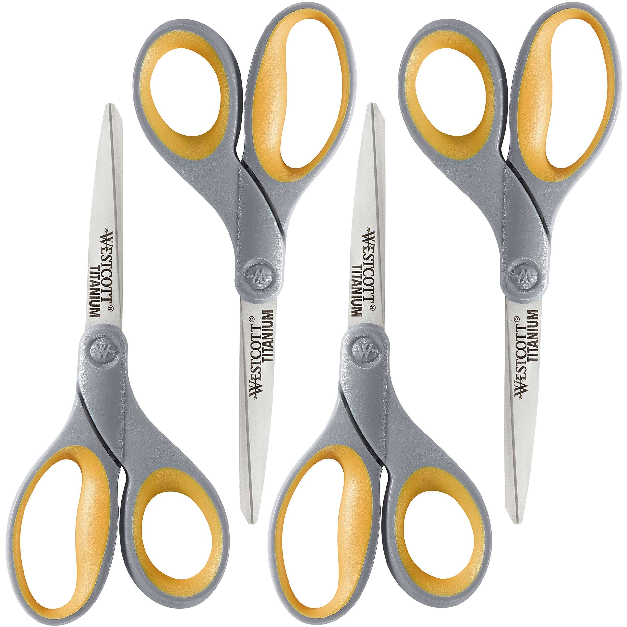 Westcott 8-Inch Titanium Bonded Scissors, Soft Handle, Straight Heavy Duty Scissors, Gray/Yellow, 4-Pack - Image 1