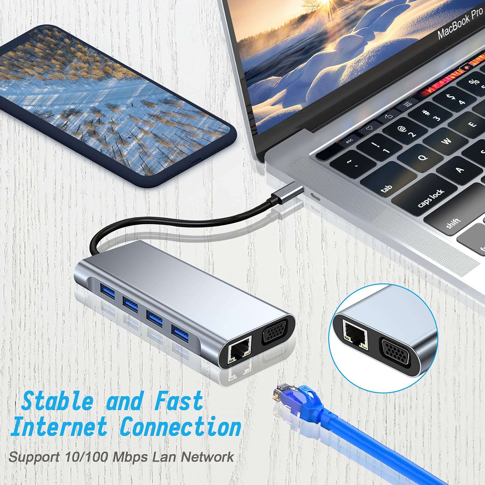USB C HUB, USB C Adapter 11 in 1 Dongle with 4K HDMI, VGA, Type C PD, USB3.0, RJ45 Ethernet, SD/TF Card Reader, 3.5mm AUX, Docking Station Compatible with MacBook Pro/Air, Other Type C Laptops - Image 7