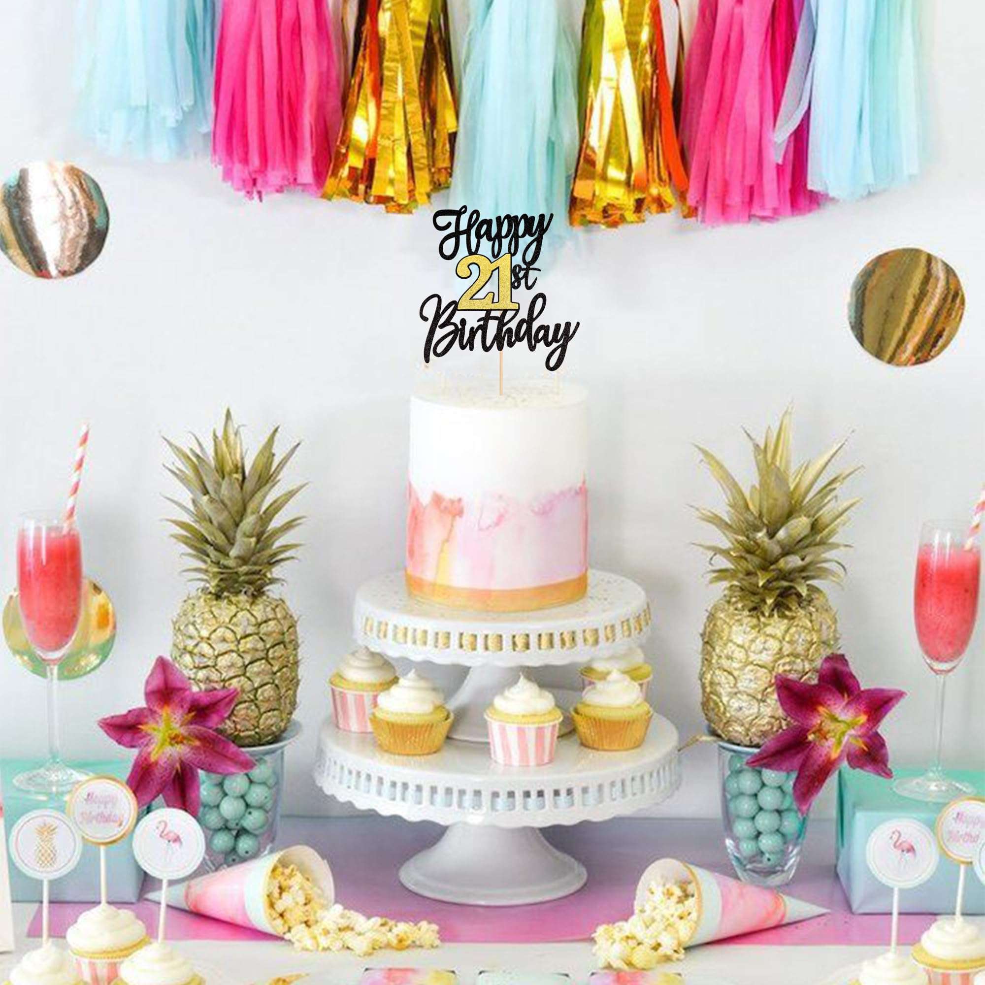 1 PCS Happy 21st Birthday Cake Topper - Black Gold Glitter Cheers to 21 Years - Fabulous Cake Decoration for 21st Birthday Party - Image 2