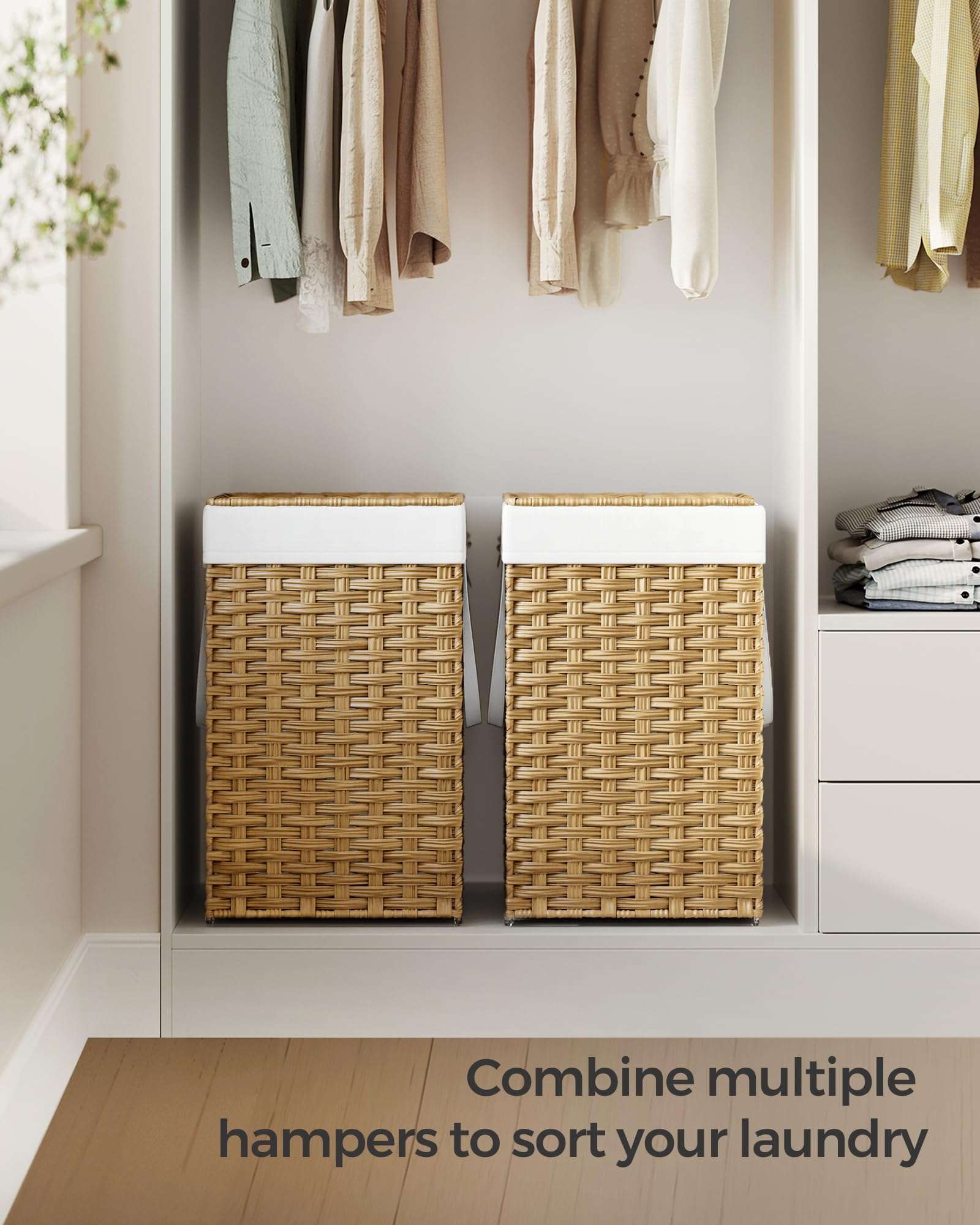 SONGMICS Laundry Hamper with Lid, 17.2 Gallon (65 L) Synthetic Rattan Clothes Laundry Basket with Lid and Handles, Foldable, Removable Liner, Goose Yellow ULCB165N01 - Image 9