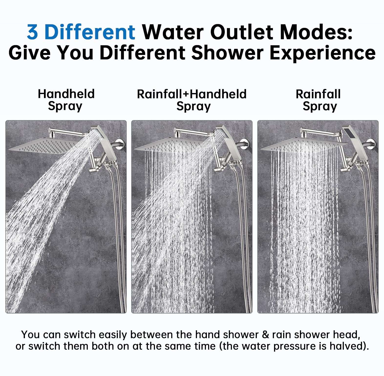 G-Promise All Metal 10 Inches Rainfall Shower Head with Handheld Spray Combo, 3 Settings Diverter, Adjustable Extension Arm with Lock Joints, 71 Inches Stainless Steel Hose (Brushed Nickel) - Image 3