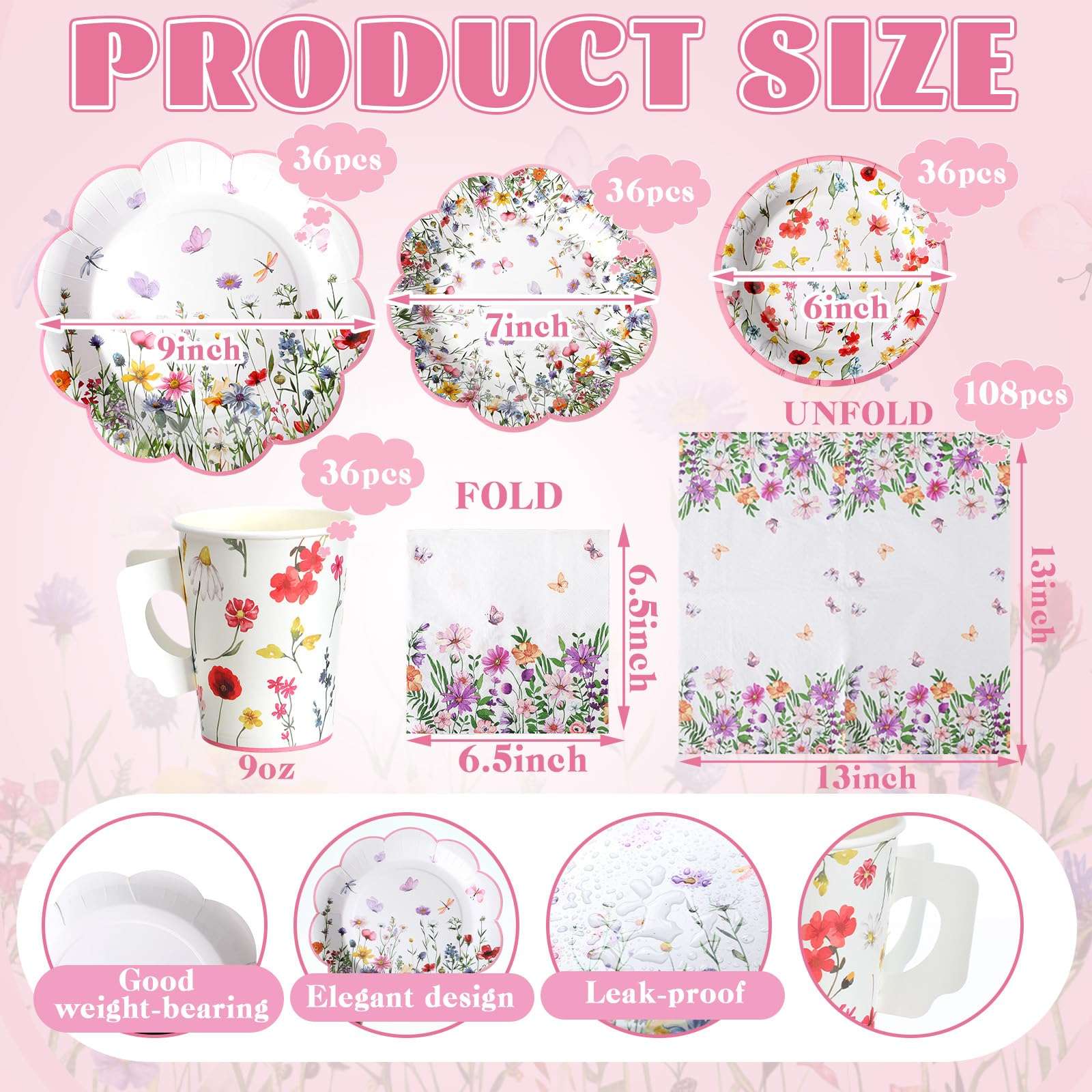 Pickmesh 252 Pcs Floral Tea Party Supplies for 36 Guests Wildflower Paper Disposable Dinnerware Floral Teacups with Handle and Saucers Sets for Tea Party Decorations Birthday Baby Shower Wedding - Image 3