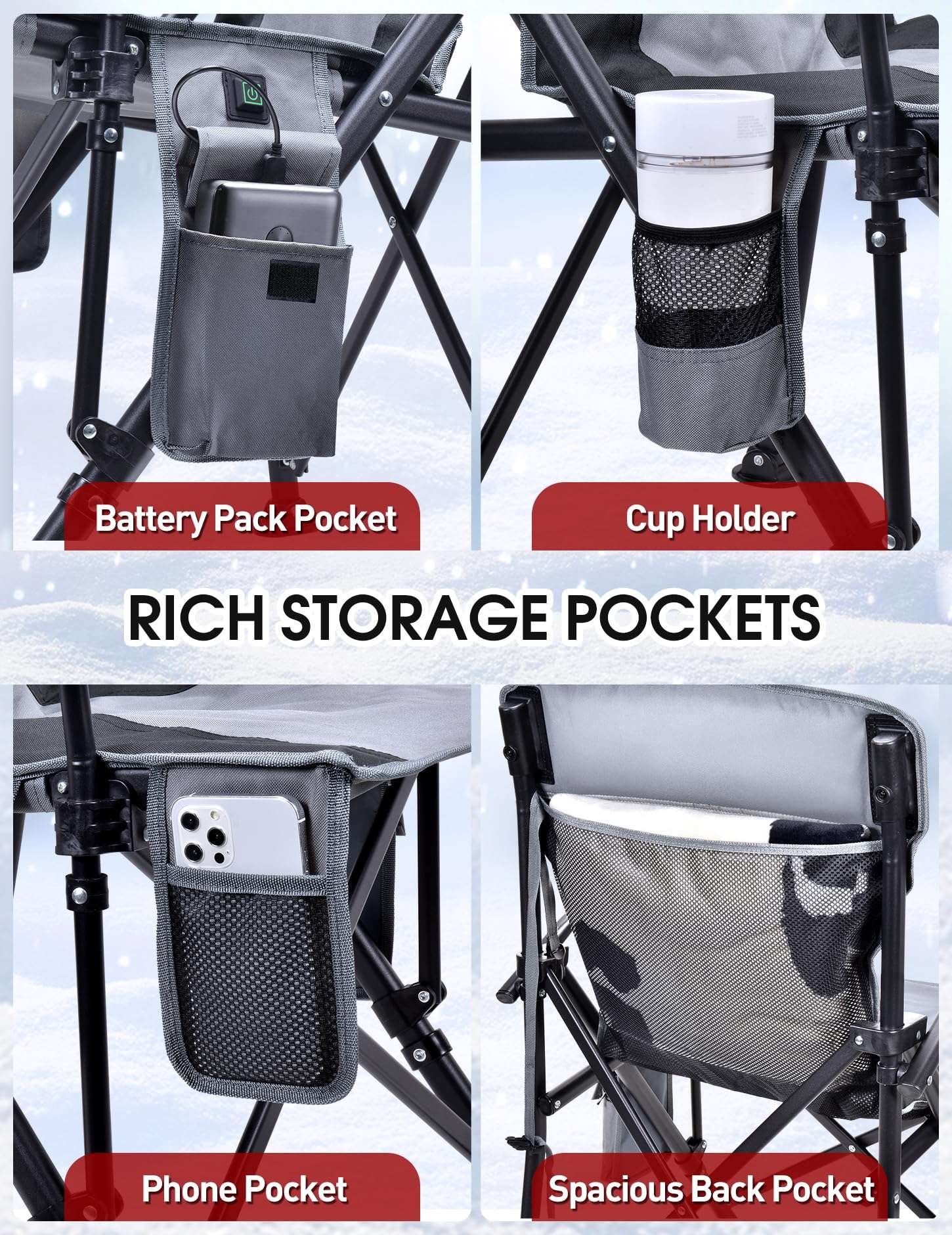 Docusvect Heated Camping Chair for Adults, Heats Back and Seat, 3 Heat Levels, Fully Padded Heated Folding Chair for Outdoor Sports with Cup Holder, Rich Pockets, Battery NOT Included - Image 4