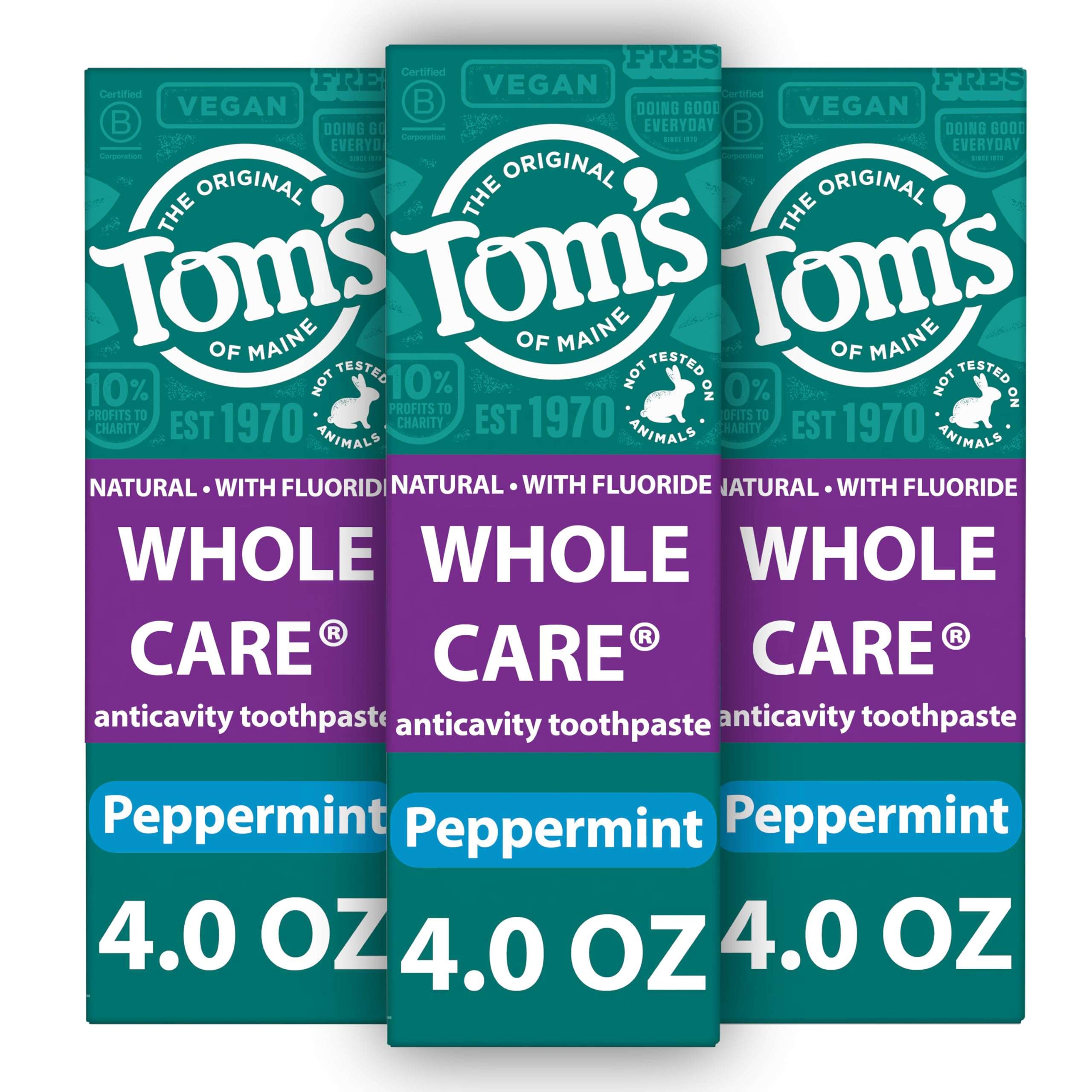 Tom's of Maine Whole Care Natural Toothpaste with Fluoride, Peppermint, 4 oz. 3-Pack (Packaging May Vary) - Image 1