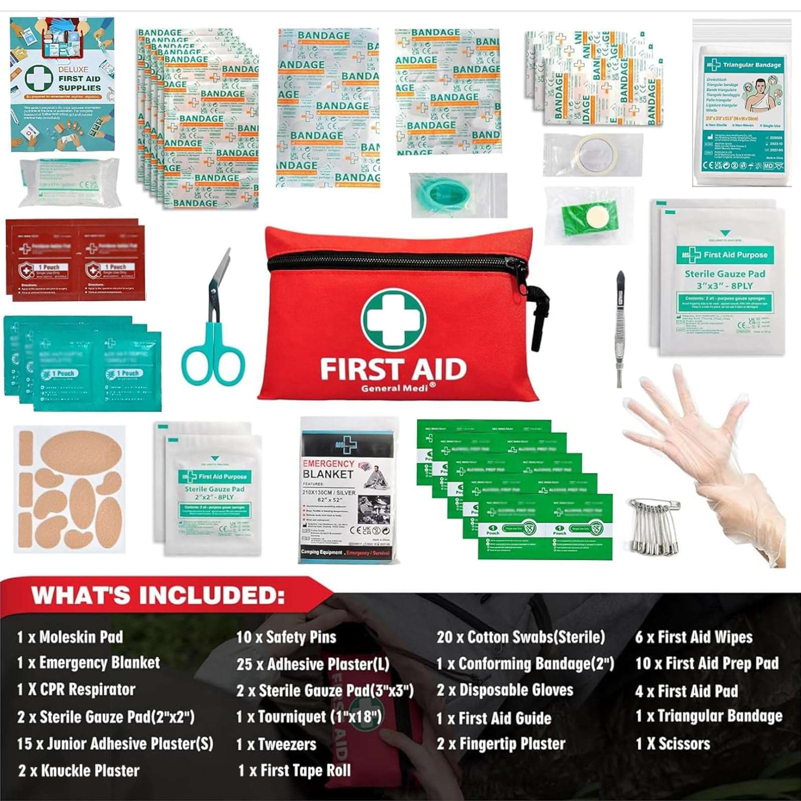 General Medi Mini First Aid Kit, 110 Piece Small First Aid Kit - Includes Emergency Foil Blanket, Scissors for Travel, Home, Office, Vehicle, Camping, Workplace & Outdoor (Red) - Image 2