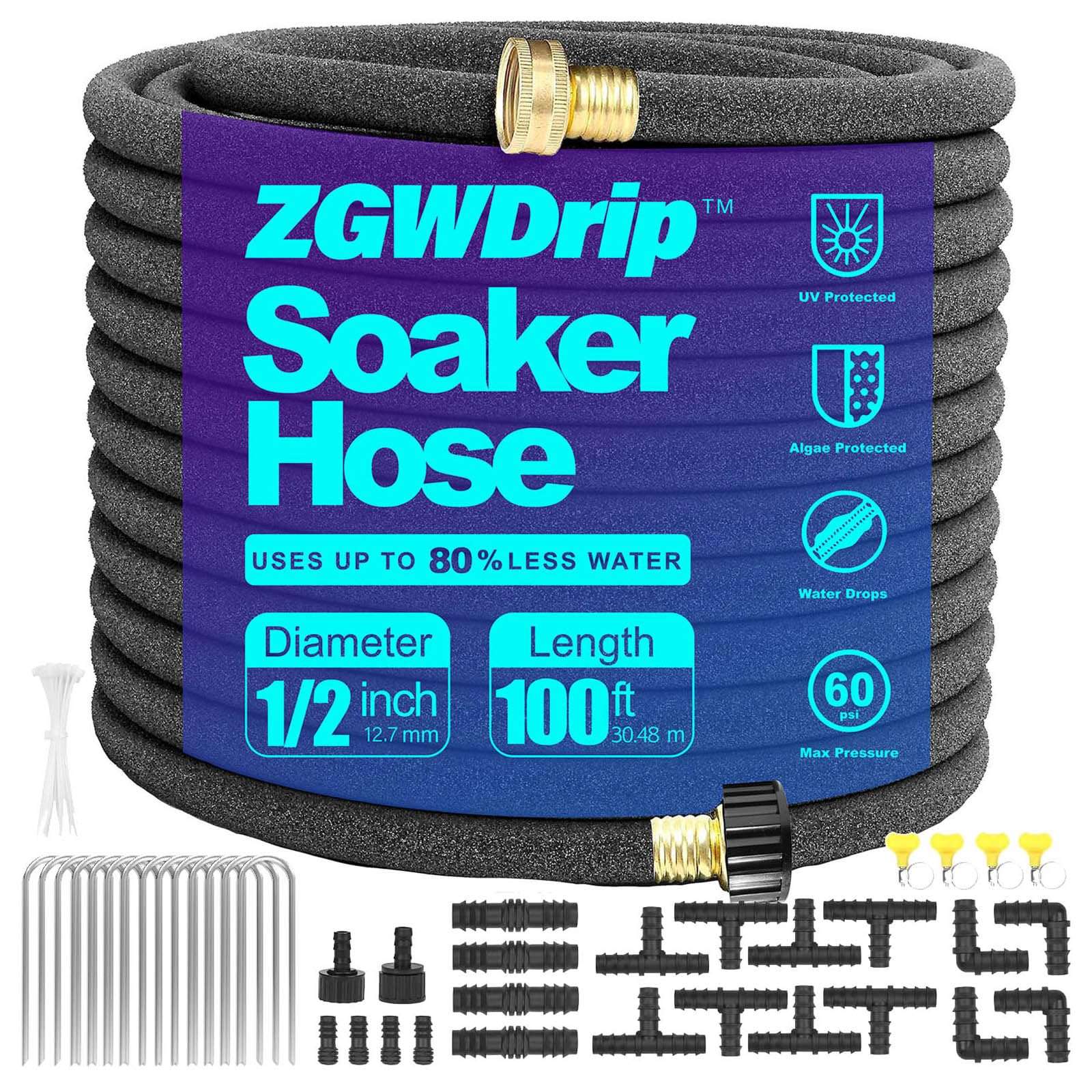 ZGWDrip Soaker Hose 100 FT,1/2 Inch Soaker Garden Hose with 3/4" Solid Brass Connectors - Image 1