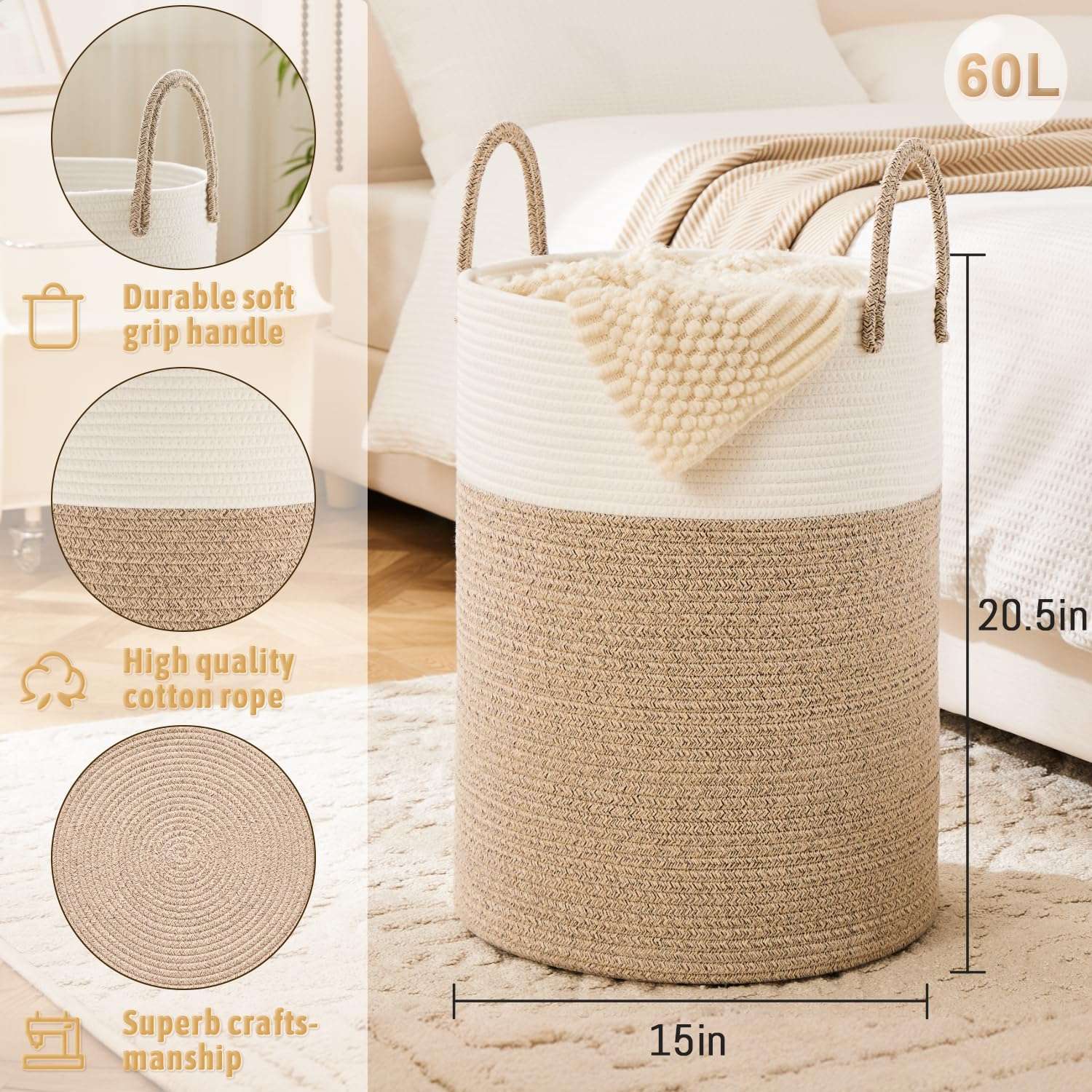 Artfeel Laundry Basket,Woven Cotton Rope Laundry Hamper,60L for Decor Storage of Dirty Clothes,Toys and Blankets in Bathroom,Baby Room and Living Room - Image 2
