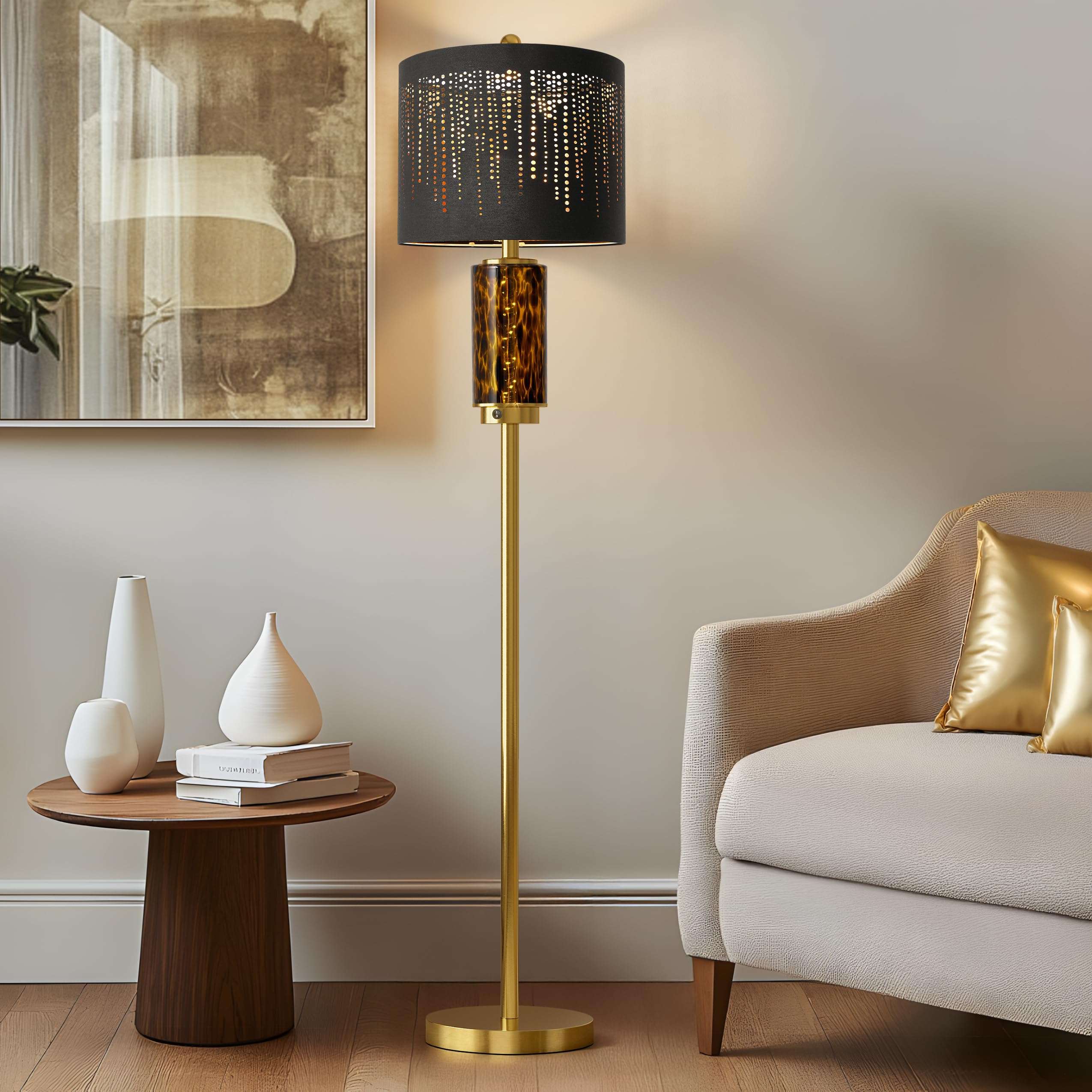 Oneach 63.75" Floor Lamp for Living Room, Modern Gold Lamp with LED Leopard Glass Night Light, Vintage Standing Lamp, Black Lampshade, Unique Luxury Tall Lamp for Bedroom Home Office(Bulb Included) - Image 1