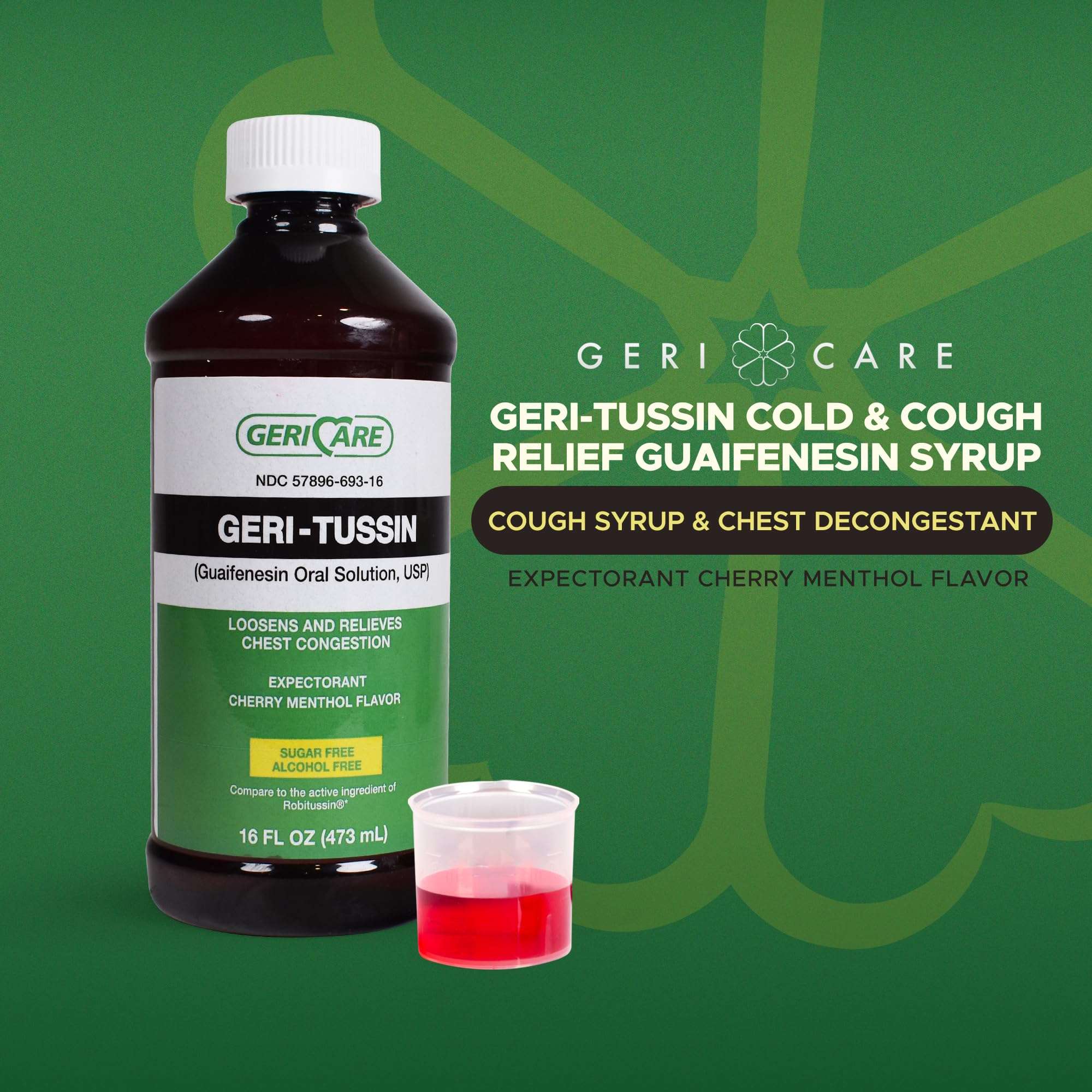GeriCare Geri-Tussin Cold and Cough Relief Guaifenesin Syrup, Sugar Free, 16 Fl Oz (Pack of 1) - Image 2