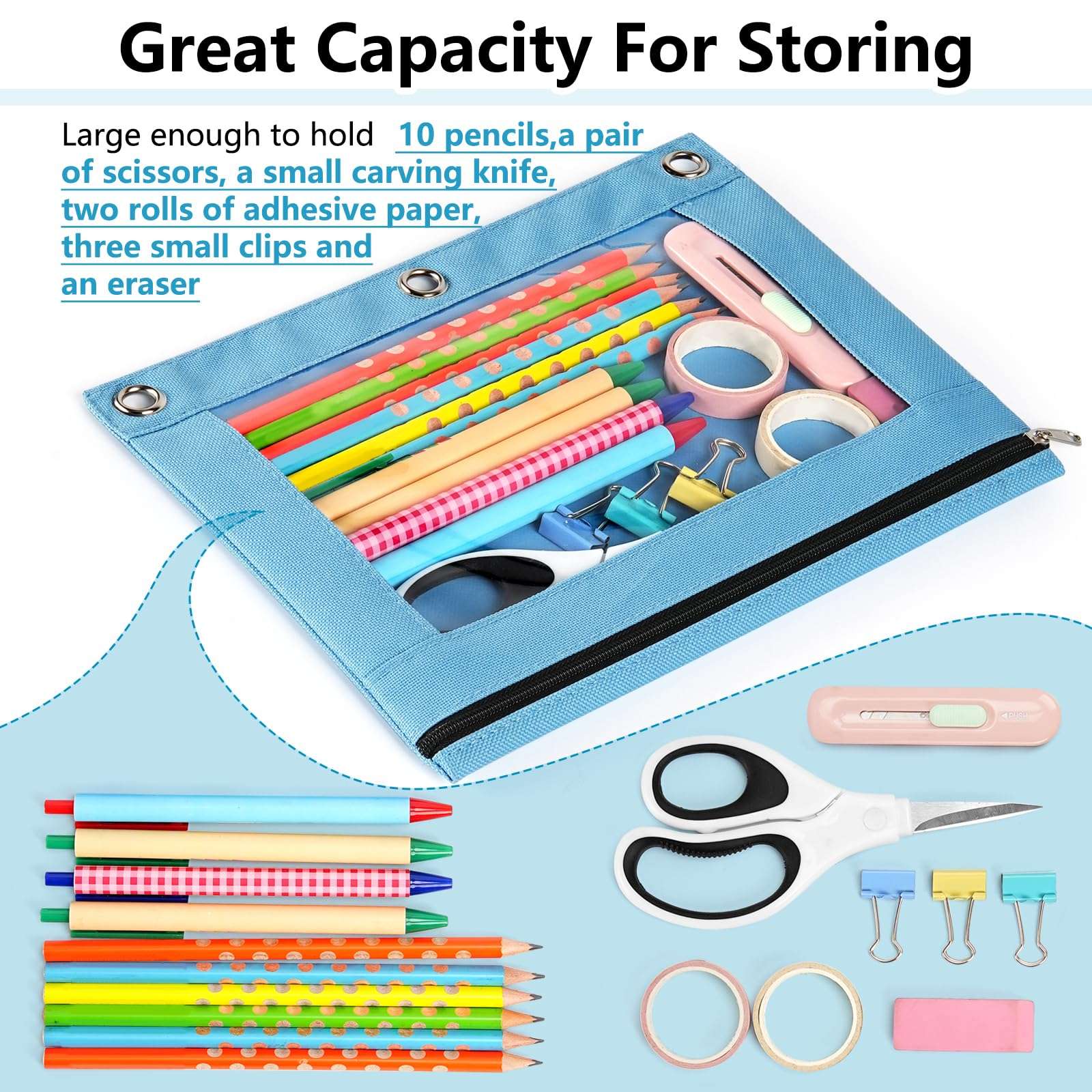 Forvencer 6Pack Pencil Pouches for 3 Ring Binder, Smooth Zipper 3 Ring Binder Pencil Pouch, Multi-Color Pencil Case for Binder, Clear Top Binder Pencil Pouch, Pencil Bag with 3 Re-enforced Grommets - Image 5