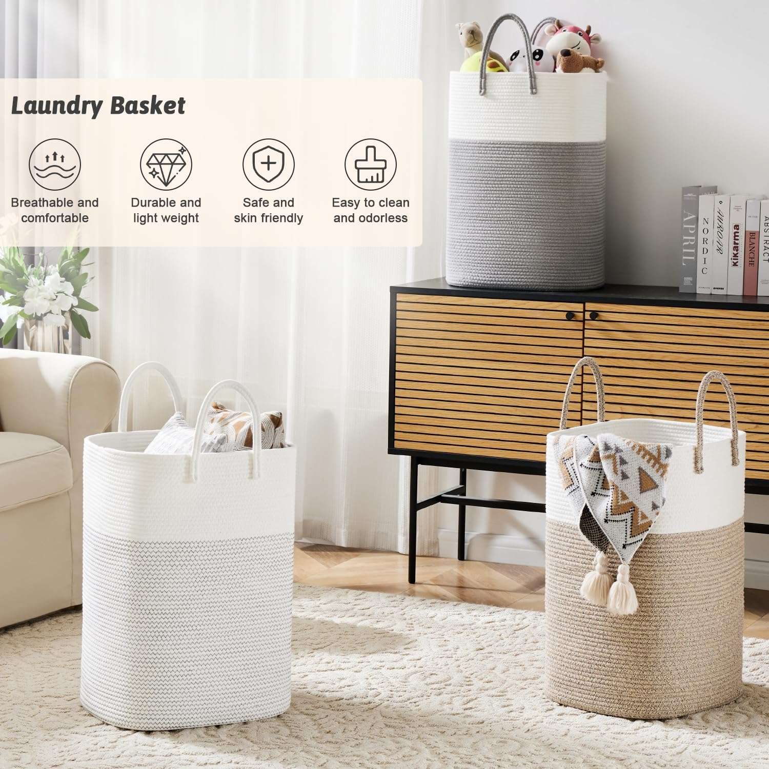 Laundry Basket,Woven Cotton Rope Laundry Hamper,Versatile Storage for Dirty Clothes,Baby Toys,and Blankets in Bathroom, Nursery,and Living Room (Brown, 60L) - Image 4