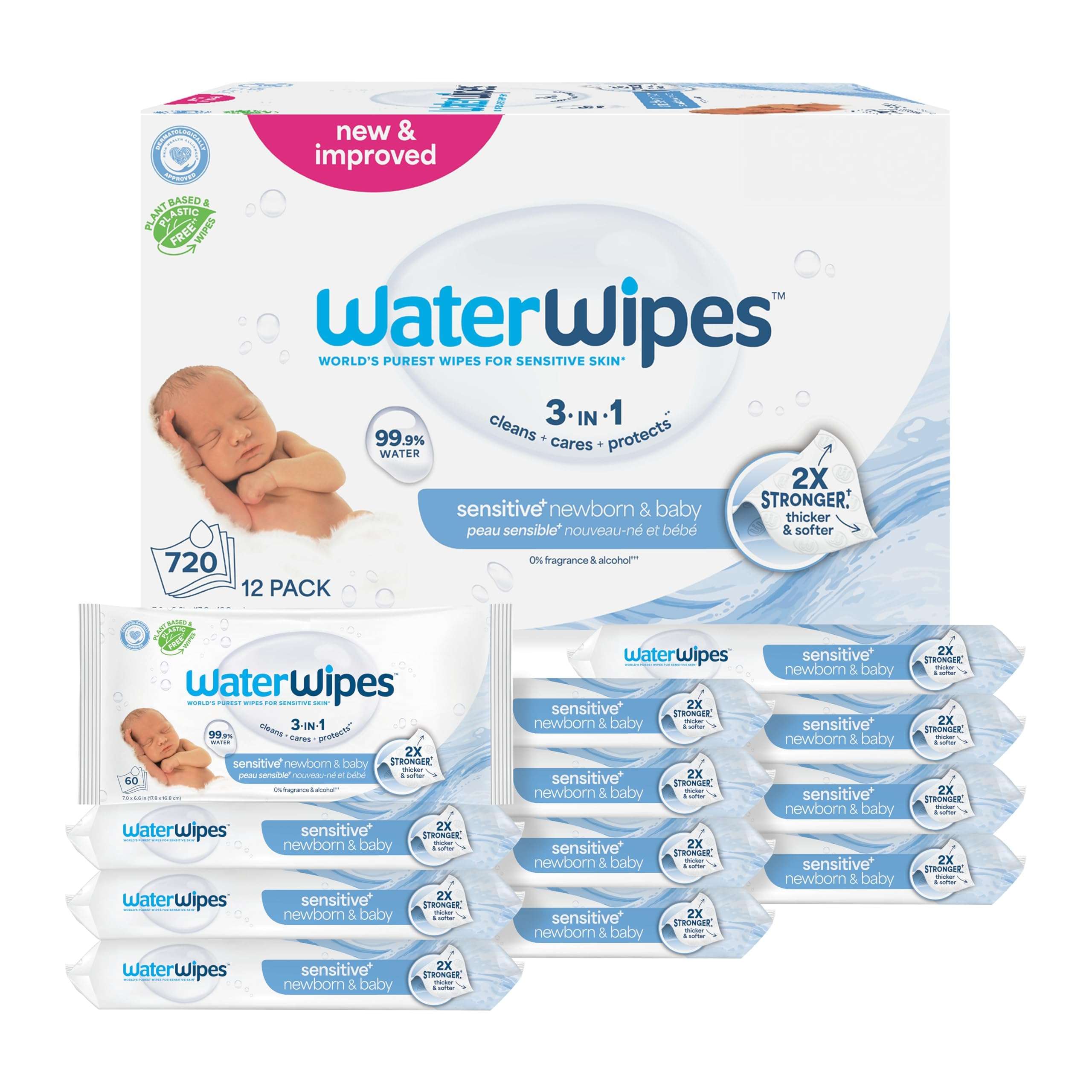 WaterWipes Sensitive+ Newborn & Baby Wipes, 3-In-1 Cleans, Cares, Protects, 99.9% Water, Unscented & Hypoallergenic, 720 Count (12 Packs) - Image 1