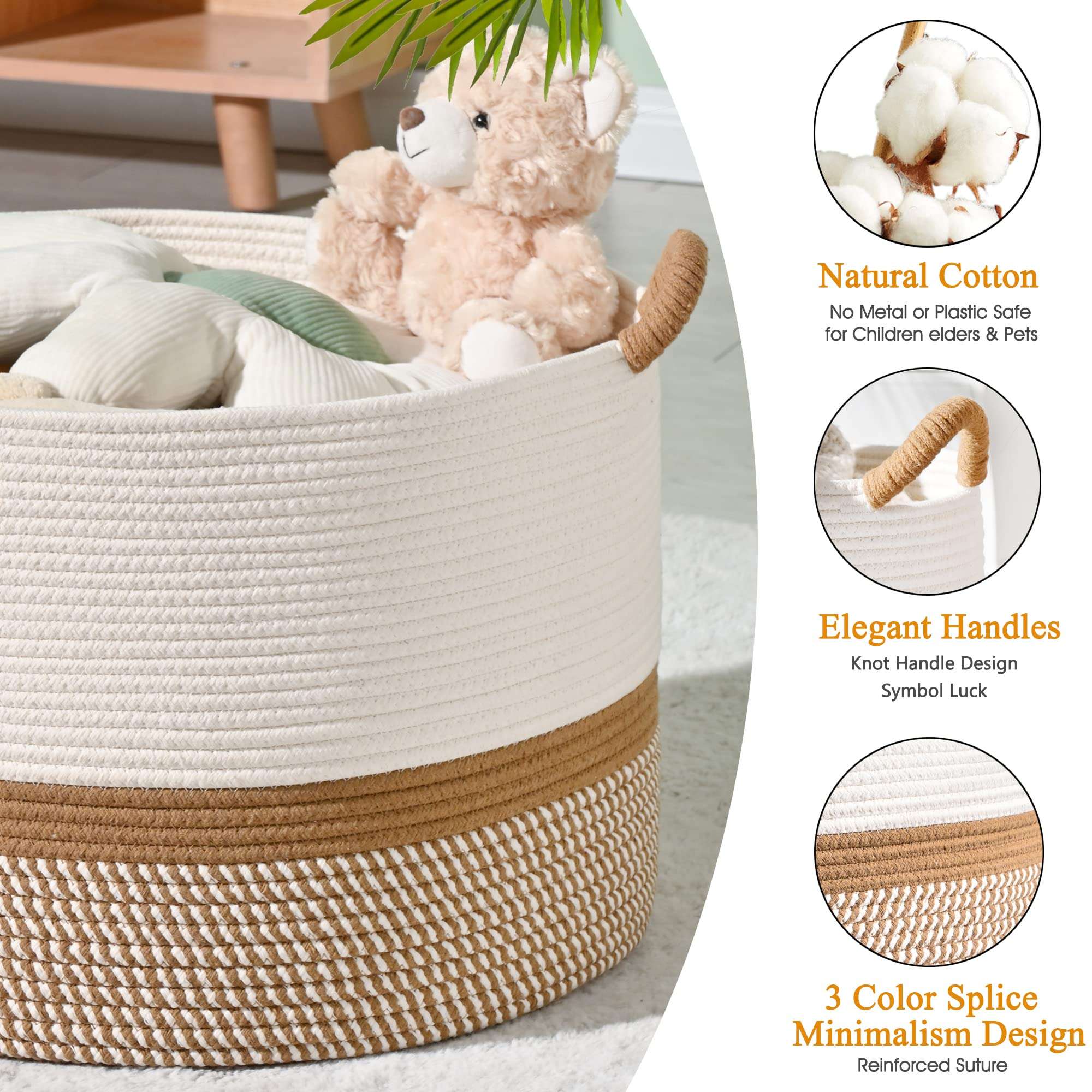 KAKAMAY Large Blanket Basket (20"x13"),Woven Baskets for storage Baby Laundry Hamper, Cotton Rope Blanket Basket for Living Room, Laundry, Nursery, Pillows, Baby Toy chest (White/Brown) - Image 6