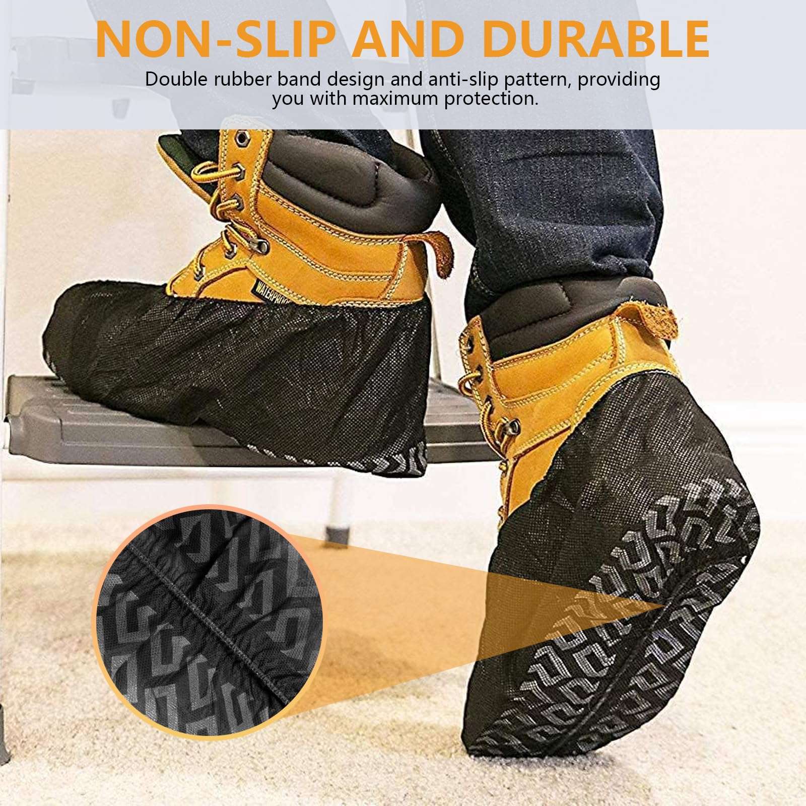 ioiopeak Shoe Covers Disposable 50 Pack (25 Pairs) - Durable, Non-Slip, Water Resistant, and Recyclable Boot Covers for Indoor and Outdoor Use - One Size Fits Most (Non-woven-Black) - Image 4