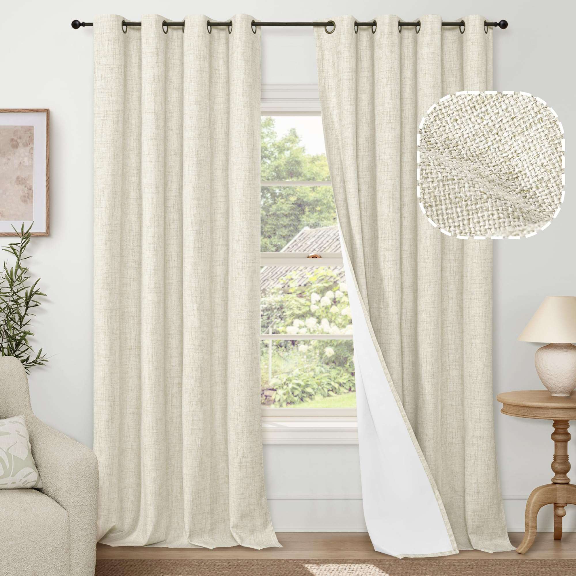Lajode Blackout Curtains for Bedroom - Linen Black Out Curtains 84 Inch Long Thermal Insulated Burlap Grommet Window Drapes for Farmhouse Living Room Darkening, 2 Panels, Each 52" Wide, Natural Cream - Image 1