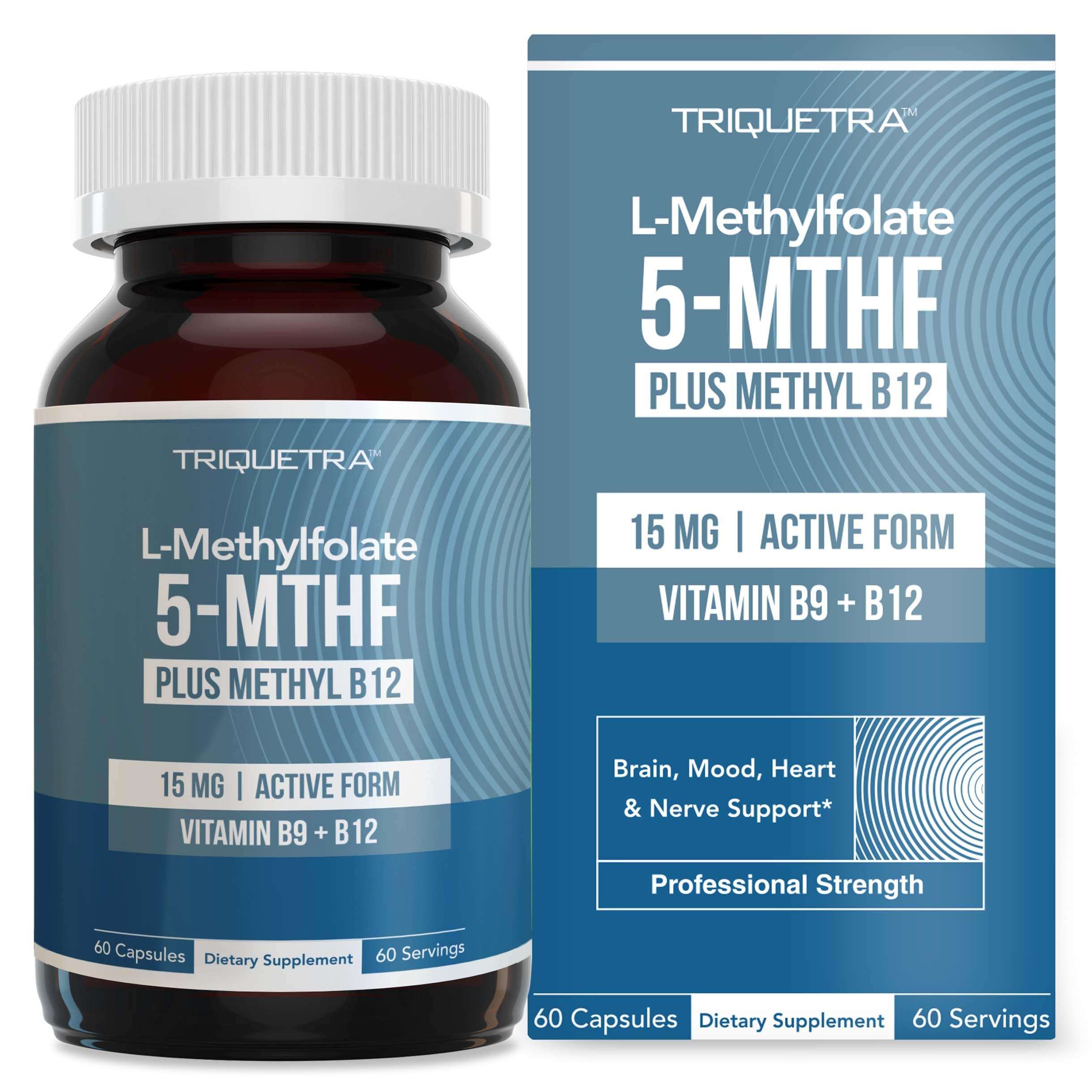 L Methyl Folate 15mg Plus Methyl B12 Cofactor – High Potency, Active 5-MTHF Form - Supports Mood, Methylation, Cognition – Bioactive Forms of Vitamin B9 & B12 (60 Capsules – 60 Servings) - Image 1