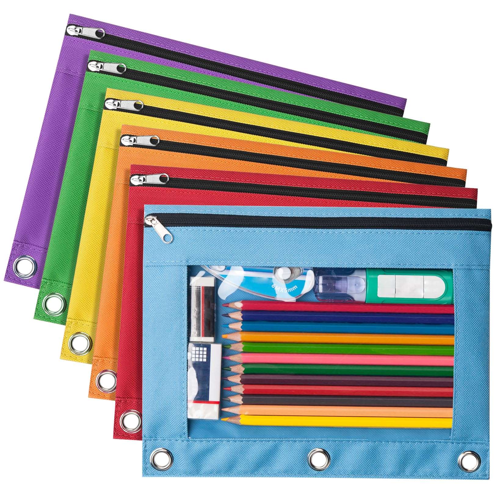 Forvencer 6Pack Pencil Pouches for 3 Ring Binder, Smooth Zipper 3 Ring Binder Pencil Pouch, Multi-Color Pencil Case for Binder, Clear Top Binder Pencil Pouch, Pencil Bag with 3 Re-enforced Grommets - Image 1