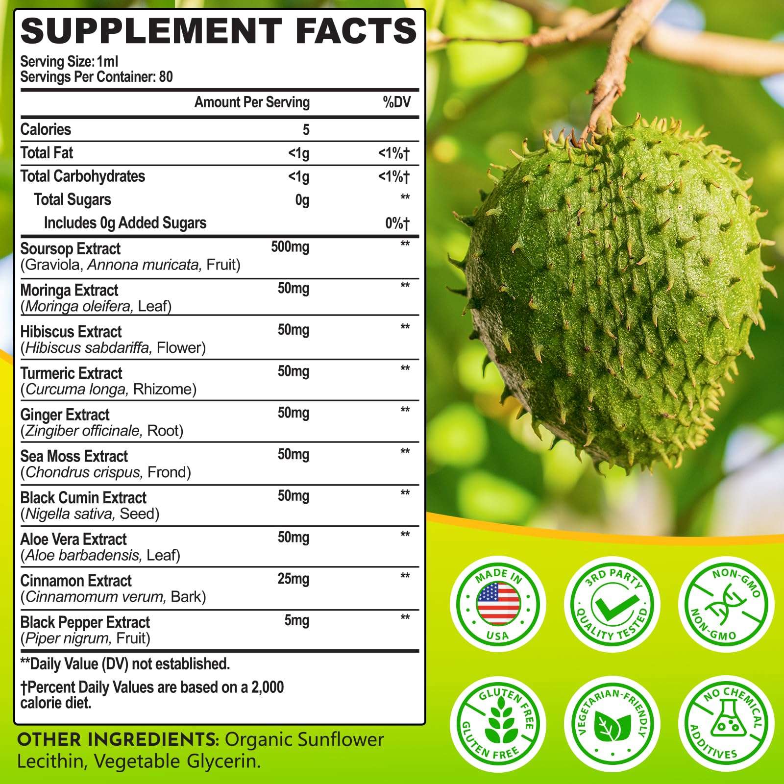 (80ML) Supplement Liquid Drops, 10 in 1 Soursop Multivitamin Drops with Leaf Extract & Sea Moss, for Cell Support & Regeneration, Immunity, Gut, Zzz, Skin & Antioxidant | 2.8 Fl Oz - 80 Days Supply - Image 2
