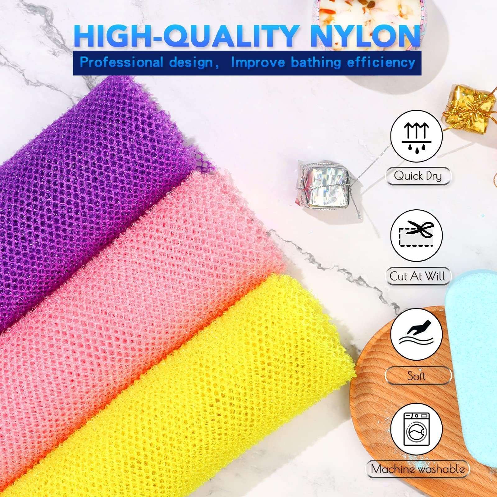 UJFQBH 3 Pieces African Bath Sponge African Net Long Net Bath Sponge Exfoliating Shower Body Scrubber Back Scrubber Skin Smoother,Great for Daily Use (Pink,Yellow,Purple) - Image 4